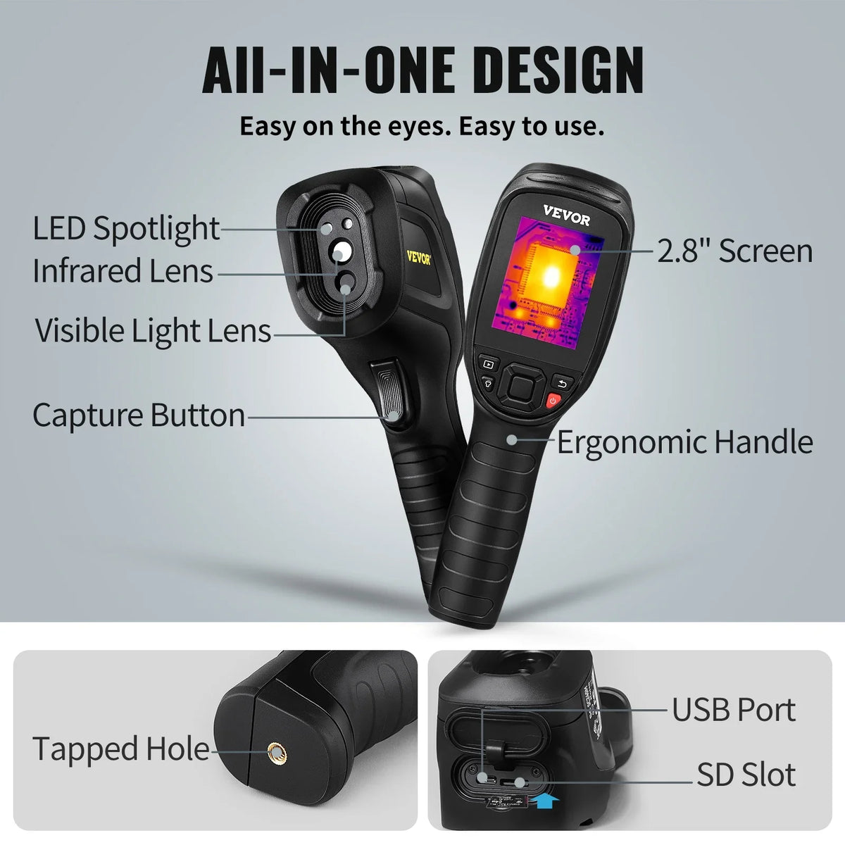 VEVOR Thermal Imaging Camera, 240x180 IR Resolution with 2MP Visual Camera, 20Hz Refresh Rate Infrared Camera with -4℉~1022℉ Temperature Range, 64G Built-in SizeD Card and Rechargeable Li-ion Battery