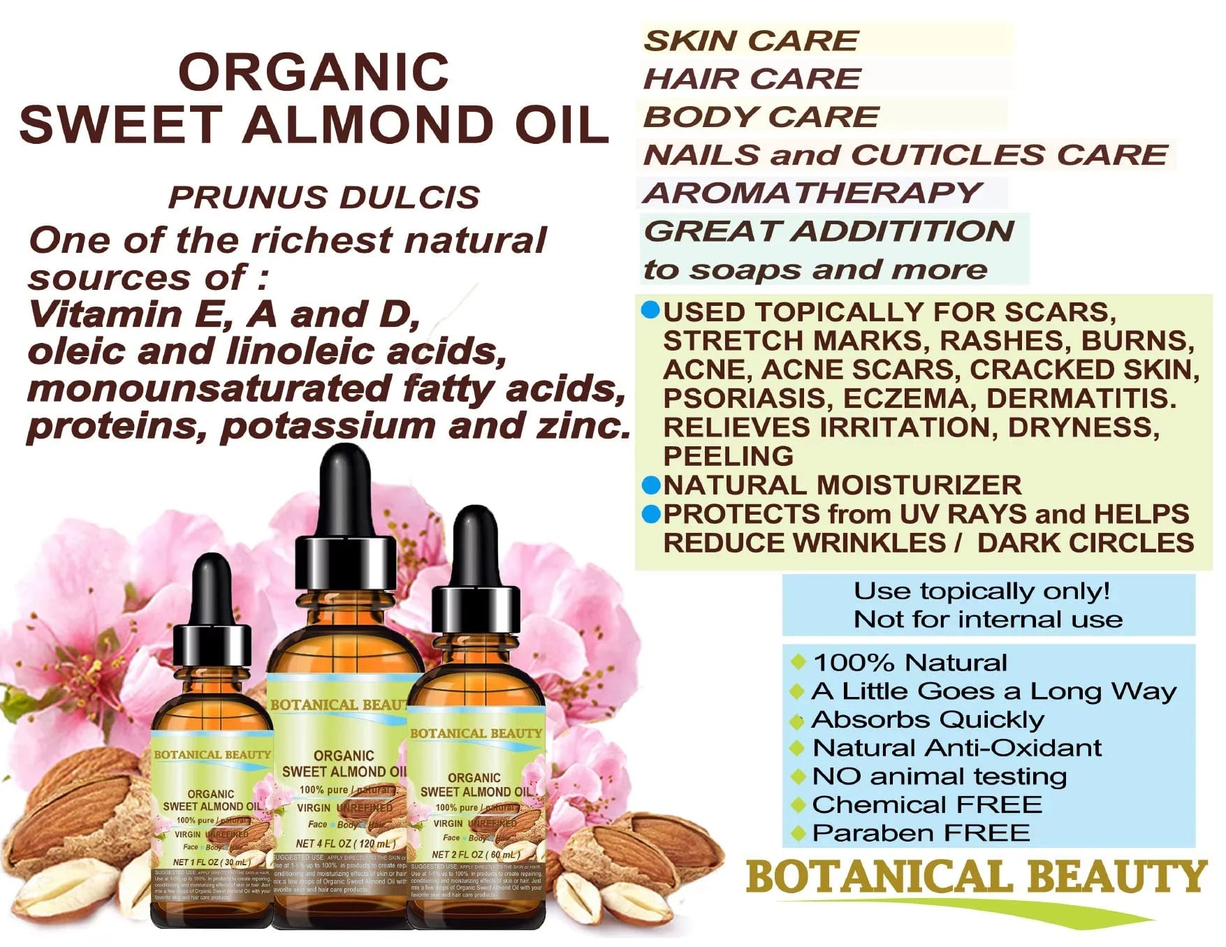 Botanical Beauty Organic Sizeweet Almond Oil 100% Pure/Virgin/Unrefined Cold Pressed Carrier Oil. 2 Oz-60 Ml. For Face, Hair And Body.