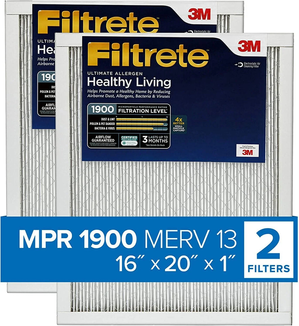 Filtrete 16x20x1 Air Filter MPR 1900 MERV 13, Healthy Living Ultimate Allergen, 2-Pack exact dimensions 15.719 x 19.719 x 0.78