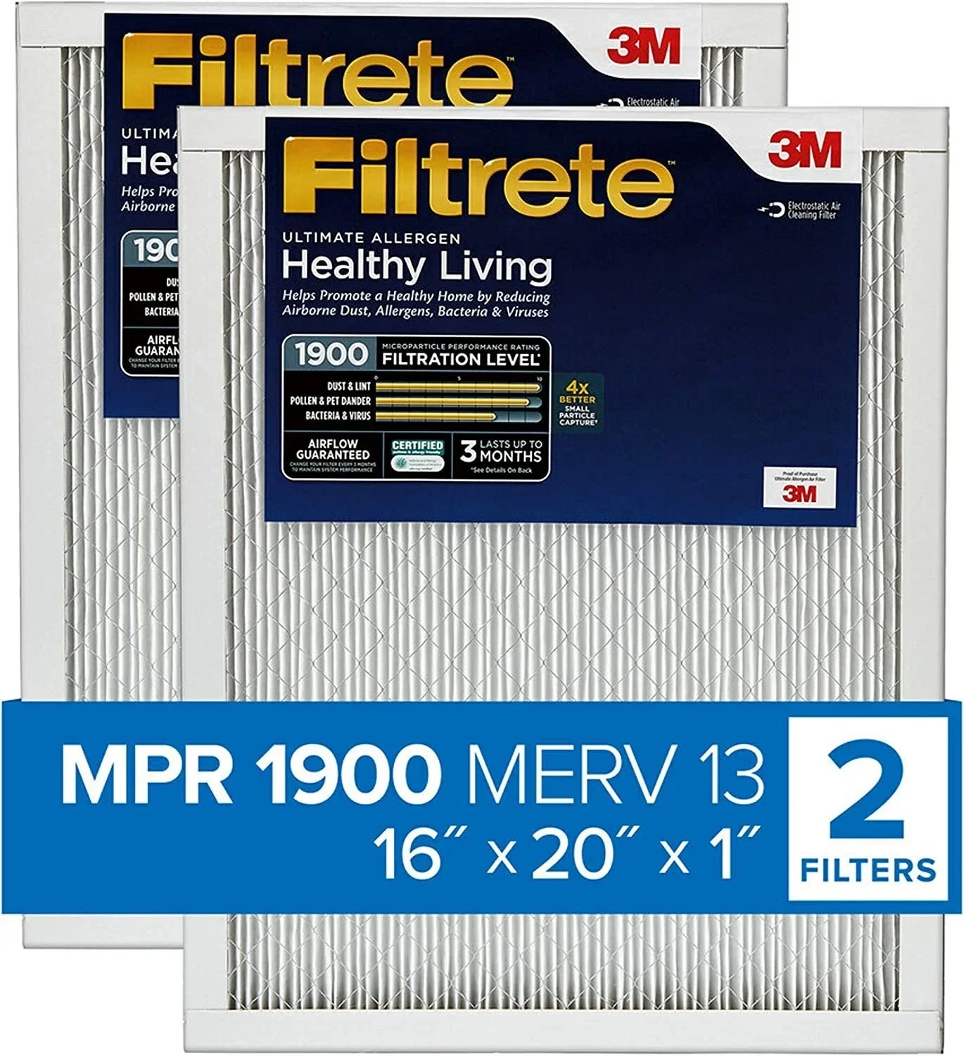 Filtrete 16x20x1 Air Filter MPR 1900 MERV 13, Healthy Living Ultimate Allergen, 2-Pack exact dimensions 15.719 x 19.719 x 0.78