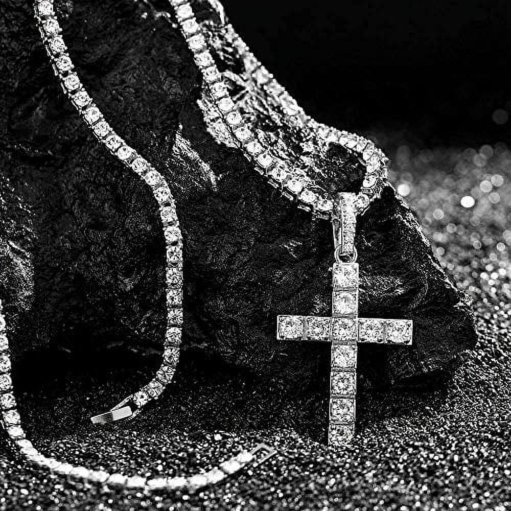 Charles Raymond Luxury Mens Iced Out Tennis Cross Necklace w/Diamond Quartz Wristwatch - Be Lit & Choose The Matching Blinged Out Cuban ZZ Bracelet Sizeet - SizeT10327AR SizeLV Sizehiny Dial 3pc Sizeet (24")