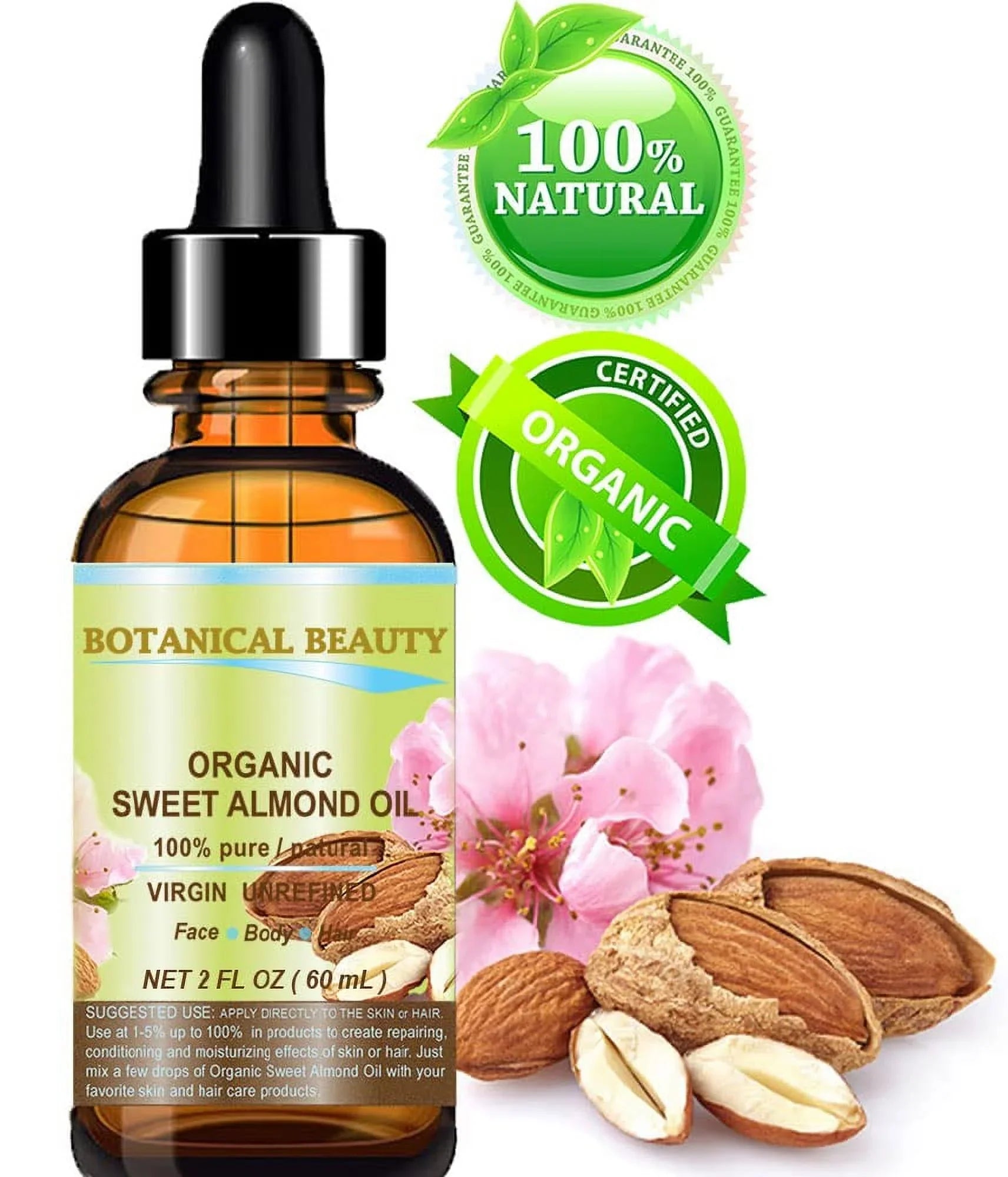 Botanical Beauty Organic Sizeweet Almond Oil 100% Pure/Virgin/Unrefined Cold Pressed Carrier Oil. 2 Oz-60 Ml. For Face, Hair And Body.