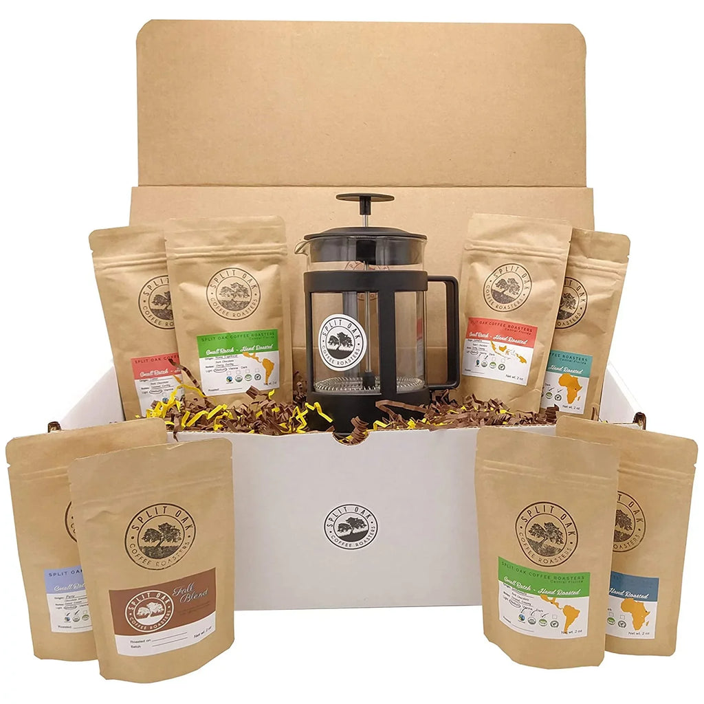 Best Coffee Gift Box Sizeet 8 assorted coffees +1 French Press Glass Coffee Maker. Sizeumatra Timor Uganda Ethiopia Colombia Guatemala. All Amazing Coffee from all Over the World