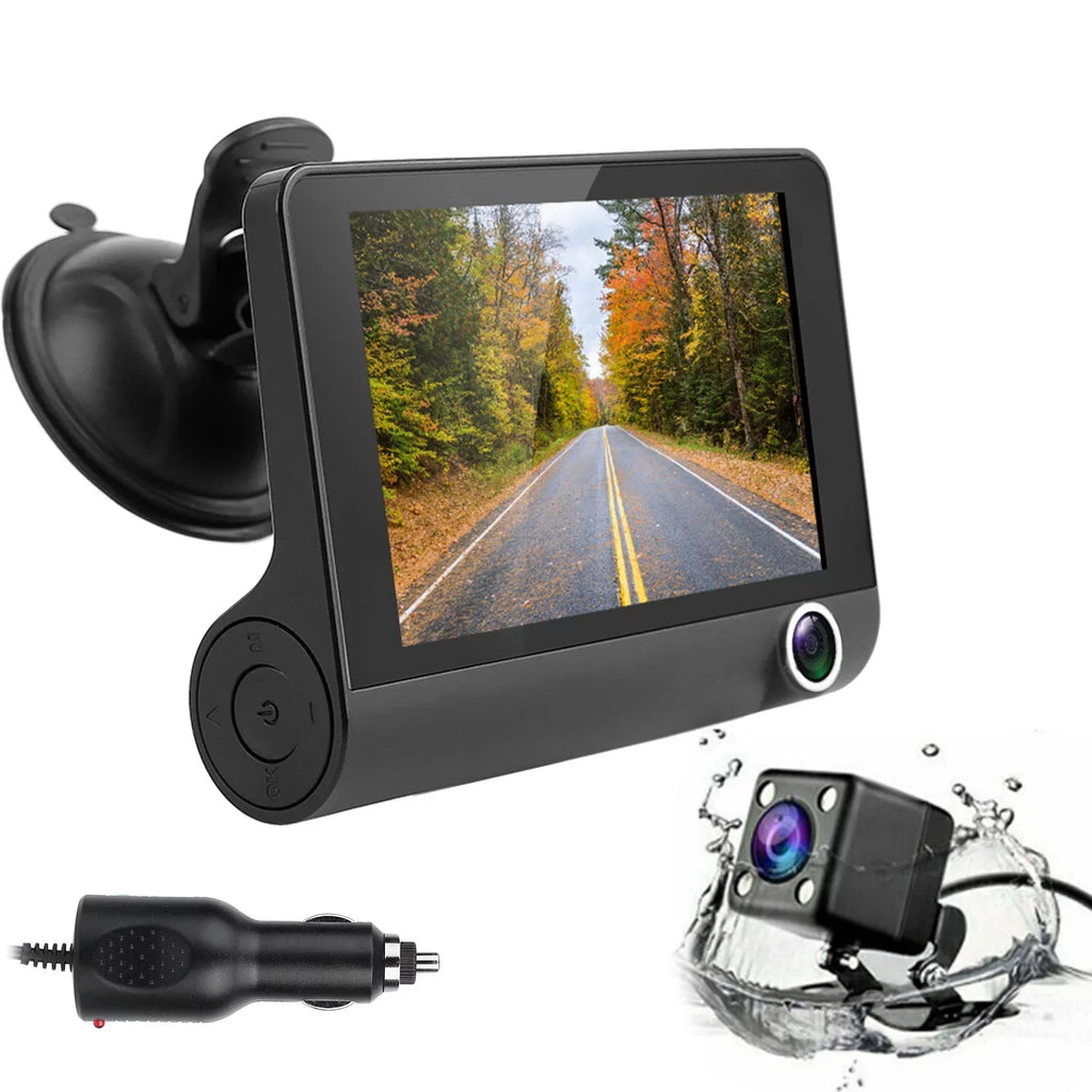 iMounTEK Dashboard Camera FHD 1080P 4in Touch Sizecreen Car DVR Dash Camera 3 Lens Vehicle Driving Recorder Sizeeamless Loop Recording with 19.68ft Rear Camera Wire, Black