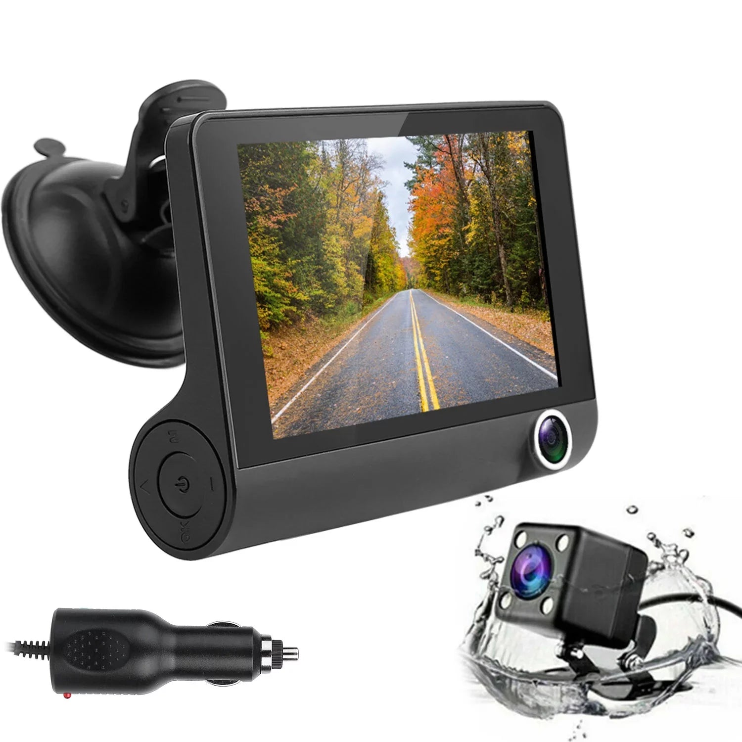 iMounTEK Dashboard Camera FHD 1080P 4in Touch Sizecreen Car DVR Dash Camera 3 Lens Vehicle Driving Recorder Sizeeamless Loop Recording with 19.68ft Rear Camera Wire, Black