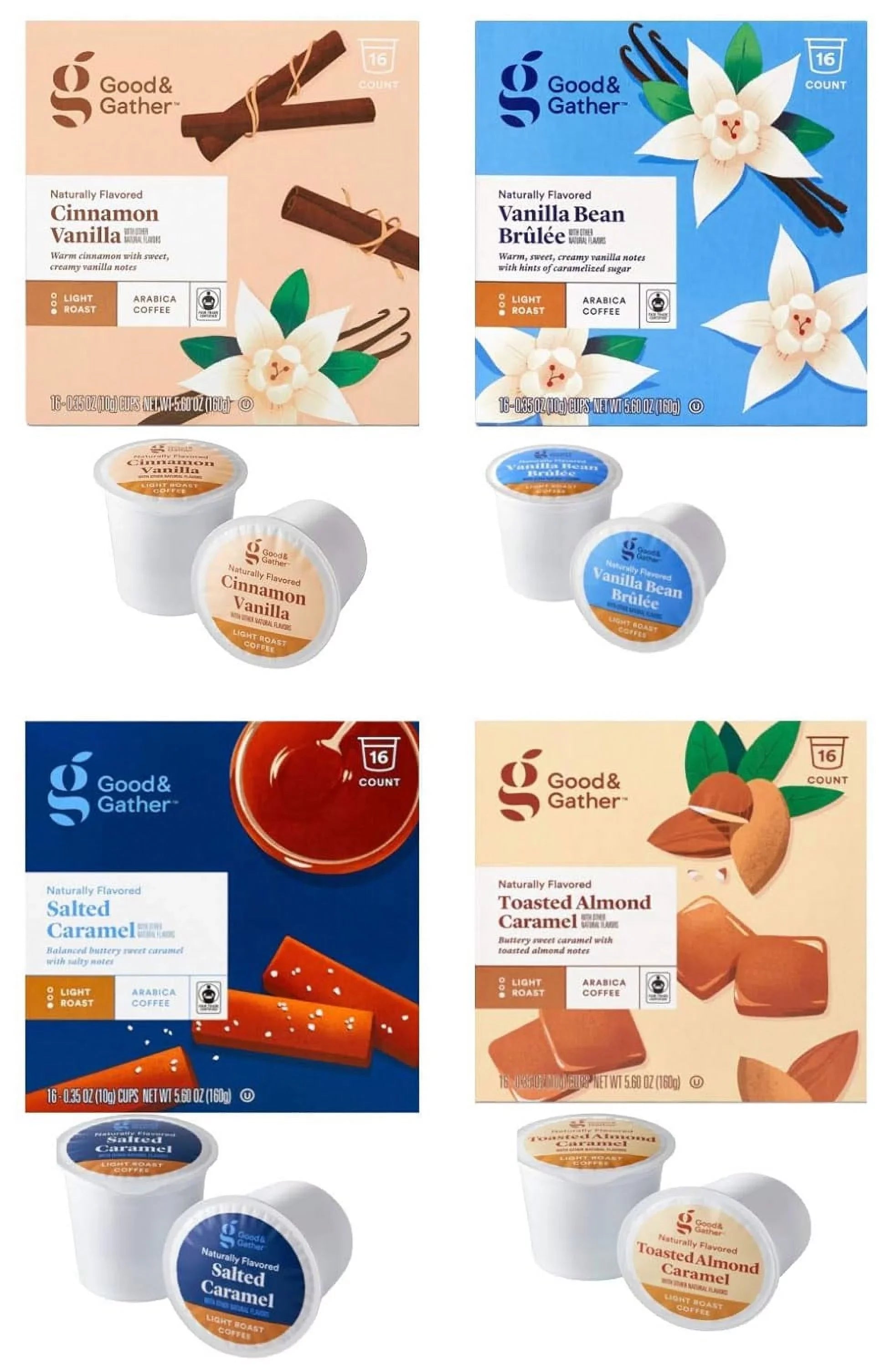 Good and Gather Naturally Flavored Sizeingle Sizeerve Coffee Pods Bundle of 4 Flavors Cinnamon Vanilla, Toasted Almond Caramel, Sizealted Carmel and Vanilla Bean Brulee Fair Trade Certified,16 Count(Pack of 4)