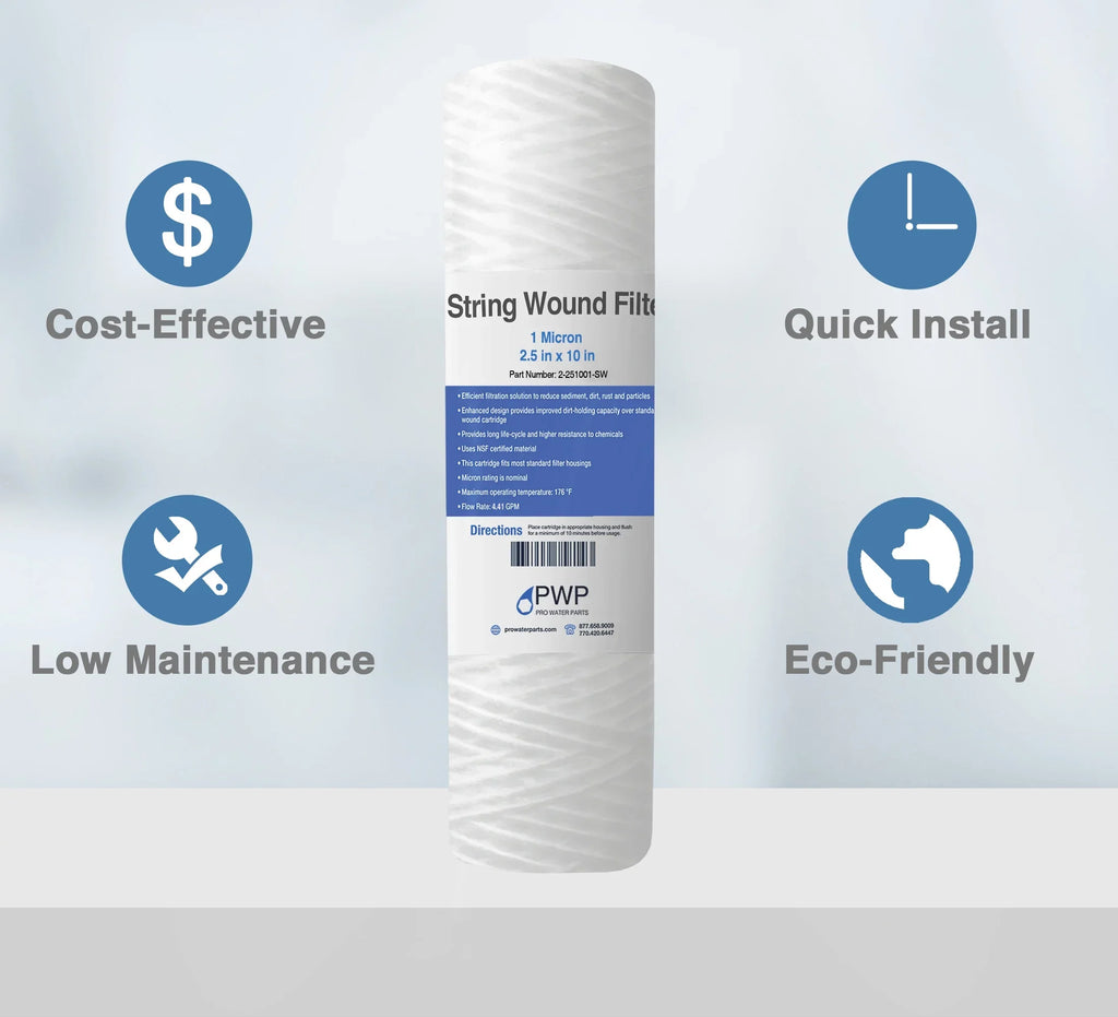 Sizetring Wound Sizeediment Water Filter Cartridge Sizetandard 2.5x10" 1 Micron 50 Pack