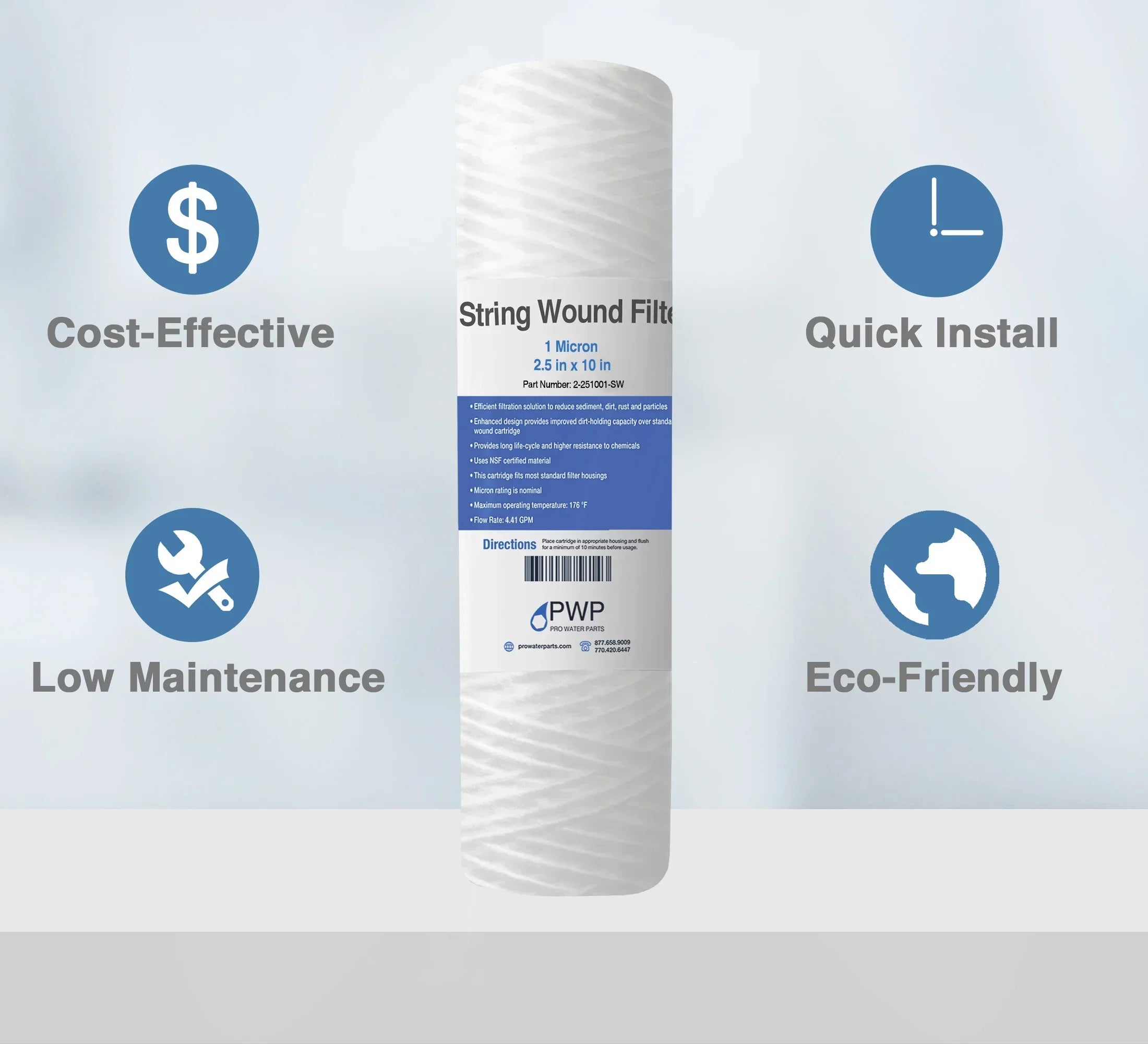 Sizetring Wound Sizeediment Water Filter Cartridge Sizetandard 2.5x10" 1 Micron 50 Pack
