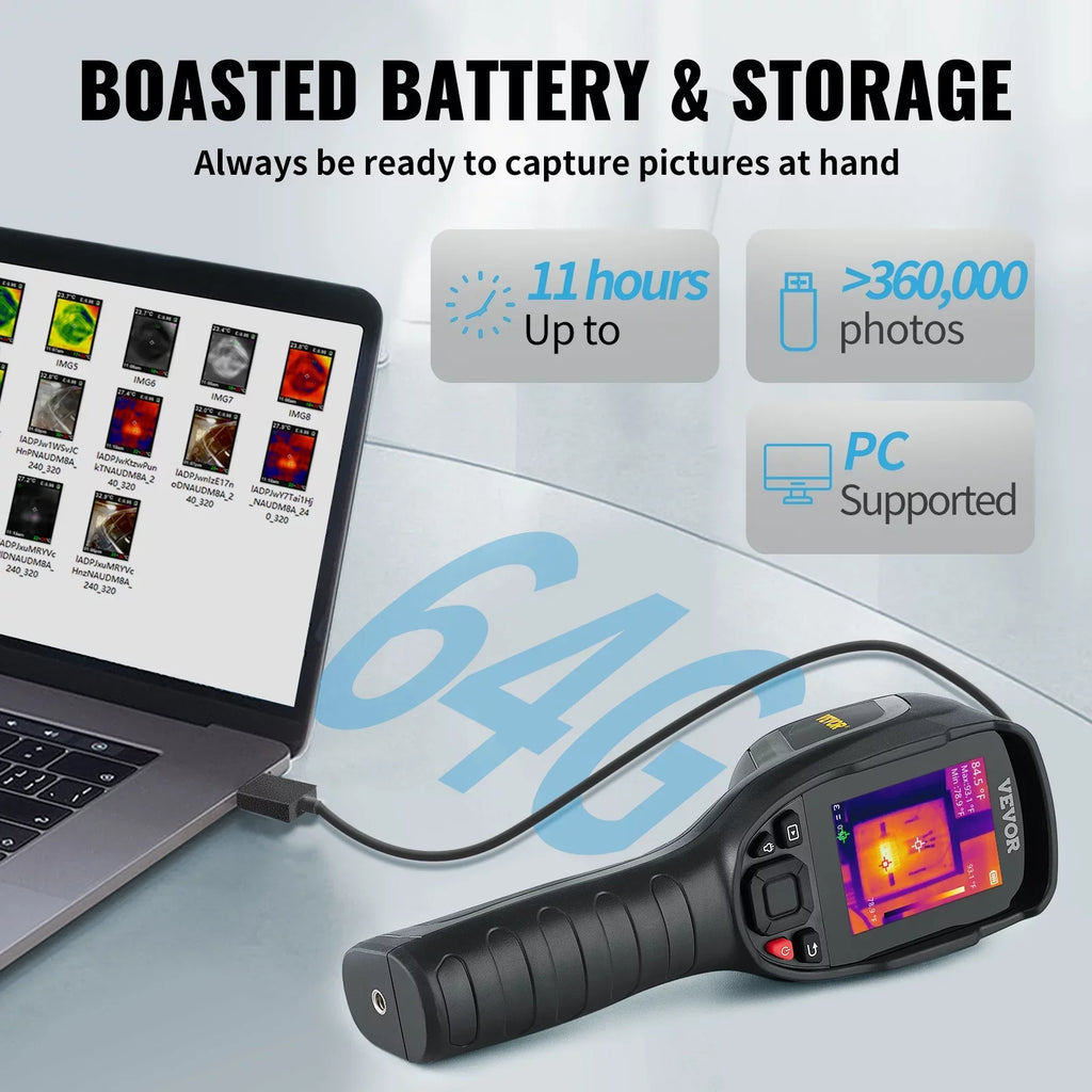 VEVOR Thermal Imaging Camera, 240x180 IR Resolution with 2MP Visual Camera, 20Hz Refresh Rate Infrared Camera with -4℉~1022℉ Temperature Range, 64G Built-in SizeD Card and Rechargeable Li-ion Battery