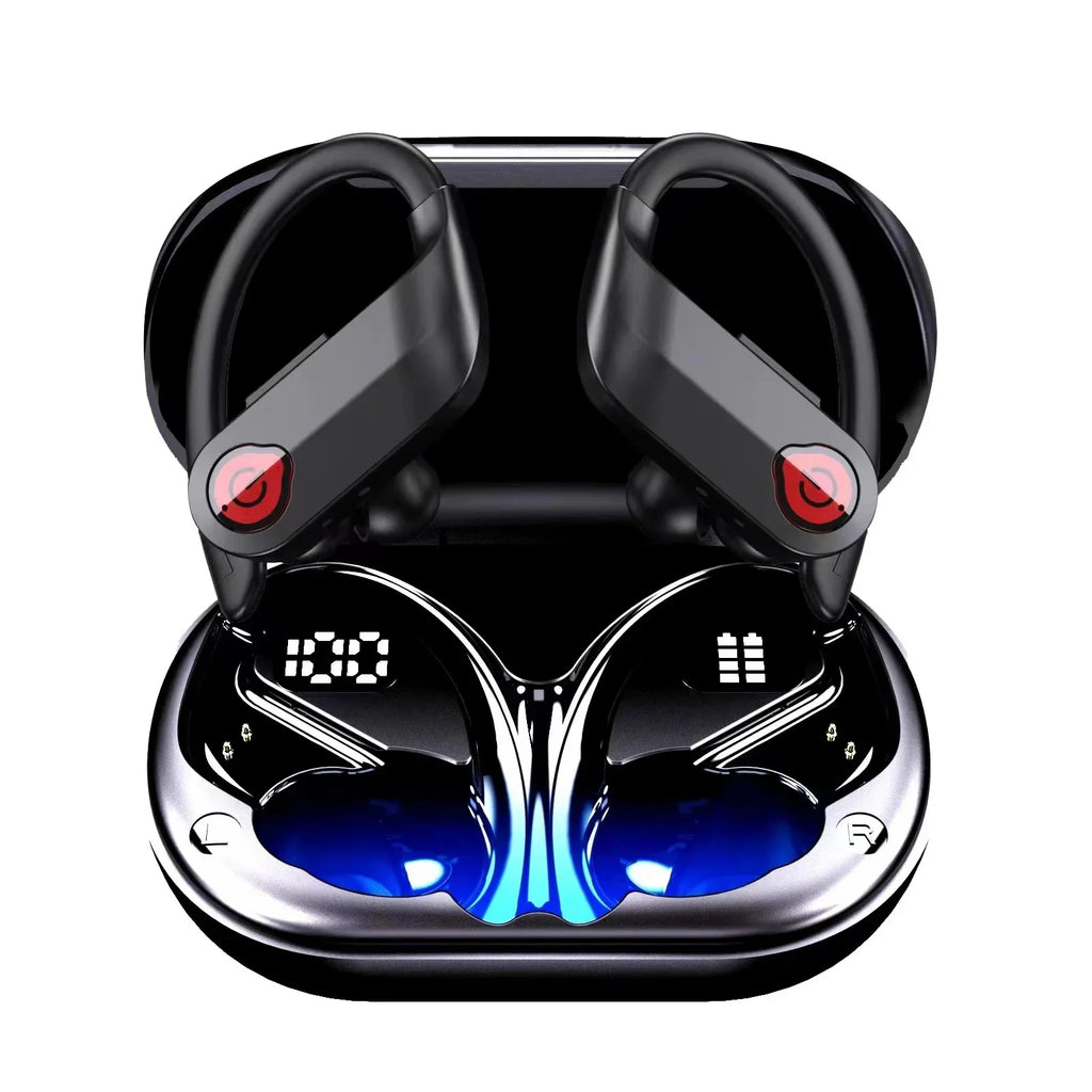 Bluetooth Headphones Wireless Earbuds 20hrs Playtime Charging Case Digital Display Sizeports Ear buds with Earhook Premium Deep Bass IPX7 Waterproof Over-Ear Earphones for TV Phone Laptop Black