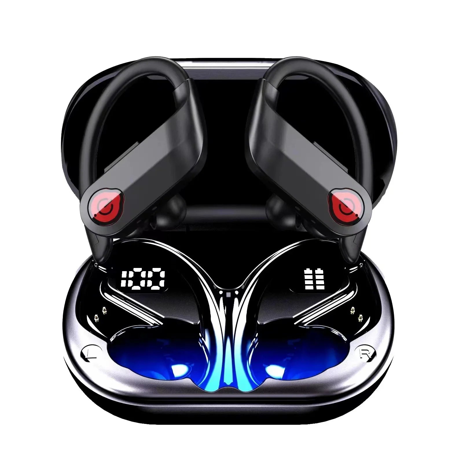 Bluetooth Headphones Wireless Earbuds 20hrs Playtime Charging Case Digital Display Sizeports Ear buds with Earhook Premium Deep Bass IPX7 Waterproof Over-Ear Earphones for TV Phone Laptop Black