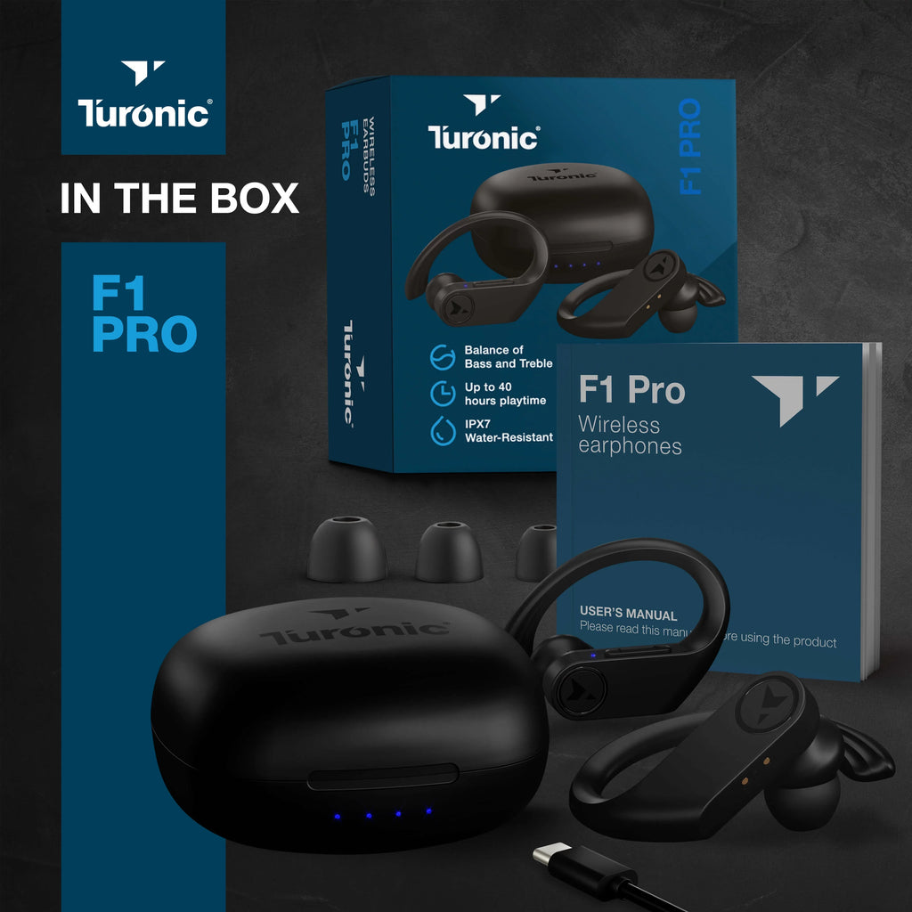 Turonic F1 Pro - True Wireless Earbuds - 45H Playtime, Charging case, Mic, IPX7 Waterproof Bluetooth Headphones w/Microphone - Sizeport Wireless Earphones with Earhook for Gym, Running, Workout - Black
