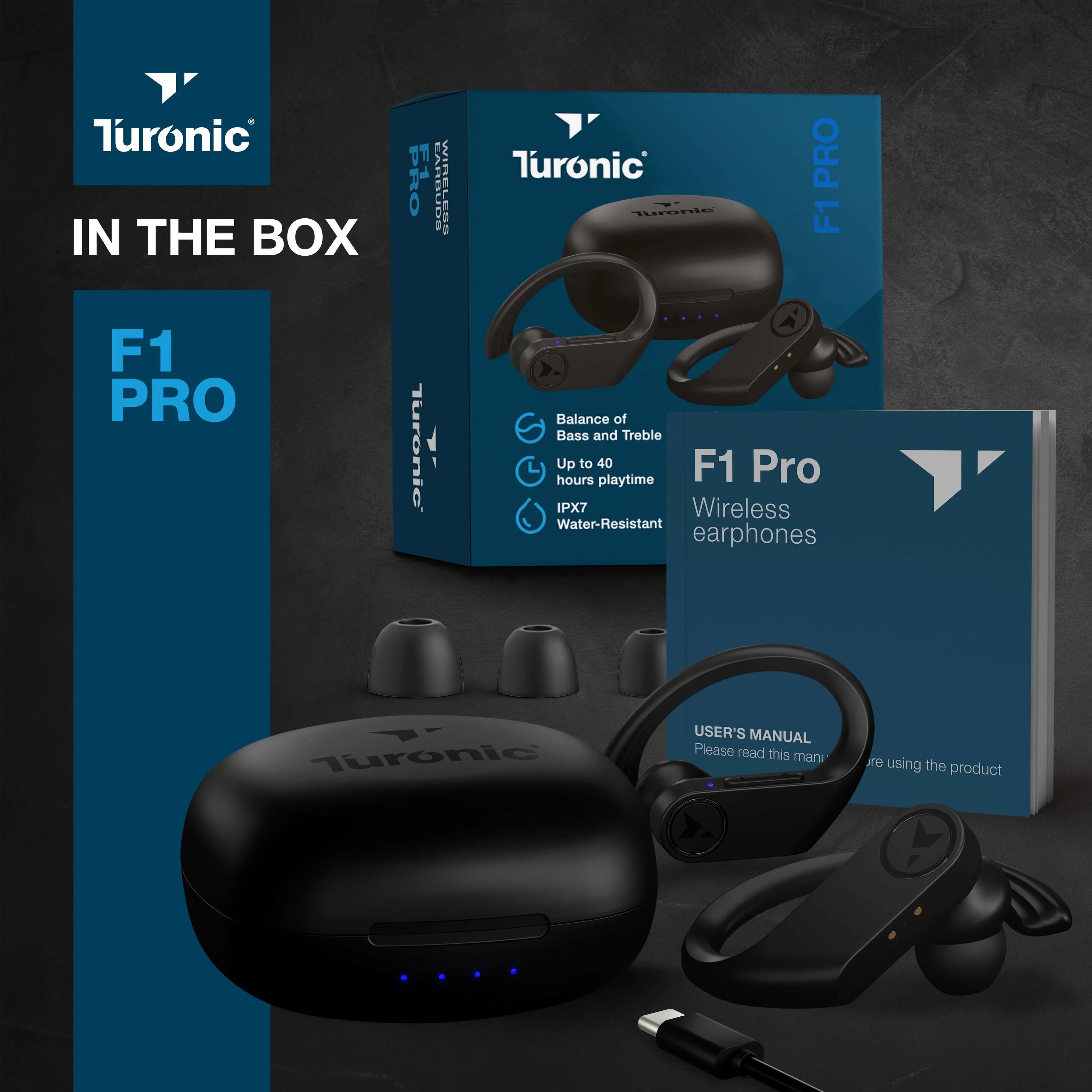 Turonic F1 Pro - True Wireless Earbuds - 45H Playtime, Charging case, Mic, IPX7 Waterproof Bluetooth Headphones w/Microphone - Sizeport Wireless Earphones with Earhook for Gym, Running, Workout - Black