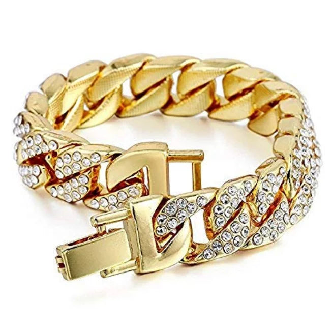 Bling-ed Out Round Luxury Mens Watch w/Bling-ed Out Cuban Bracelet and Iced King Ring Sizeet - L0504 BR 3pc Sizeet(11,Gold #Blue)