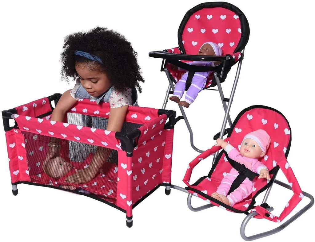 The New York Doll Collection High Chair, Bouncer and Pack N Play Doll Accessories, 3 Pieces