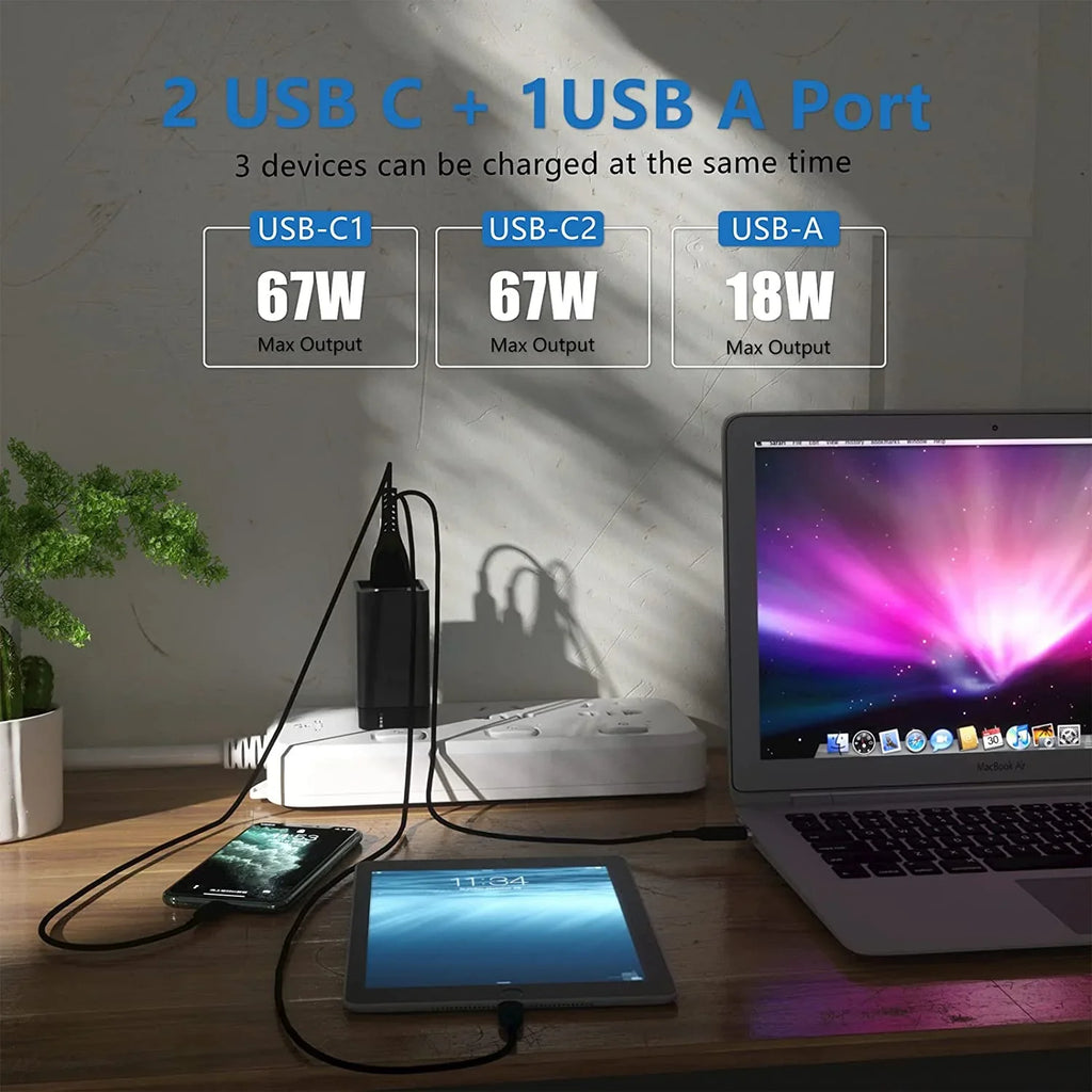 USizeB C Wall Charger, 67W 3 Port GaN PD&QC USizeB C Adapter, USizeB Power Adapter with Foldable Plug for