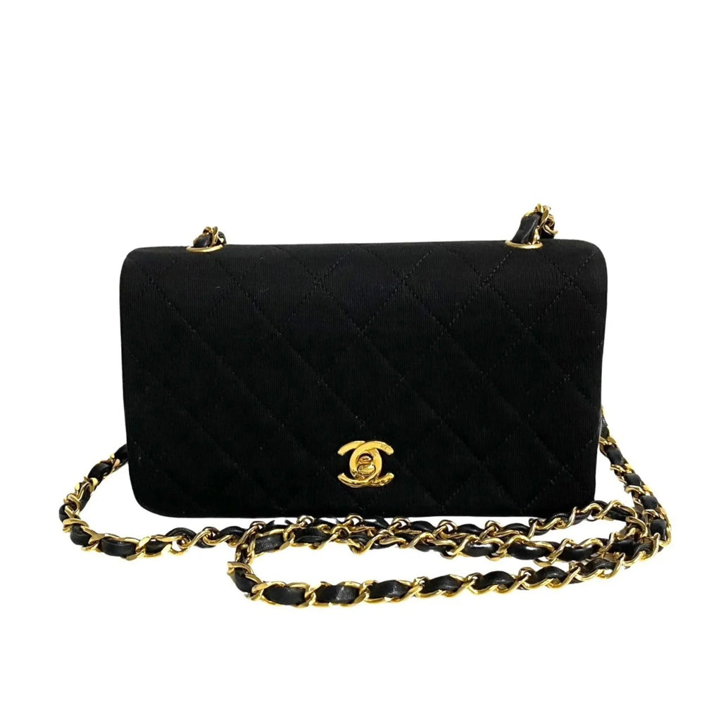 Pre-Owned CHANEL Matelasse Cotton Lambskin Turnlock Full Flap Chain Sizehoulder Bag Black 73960 (Good)