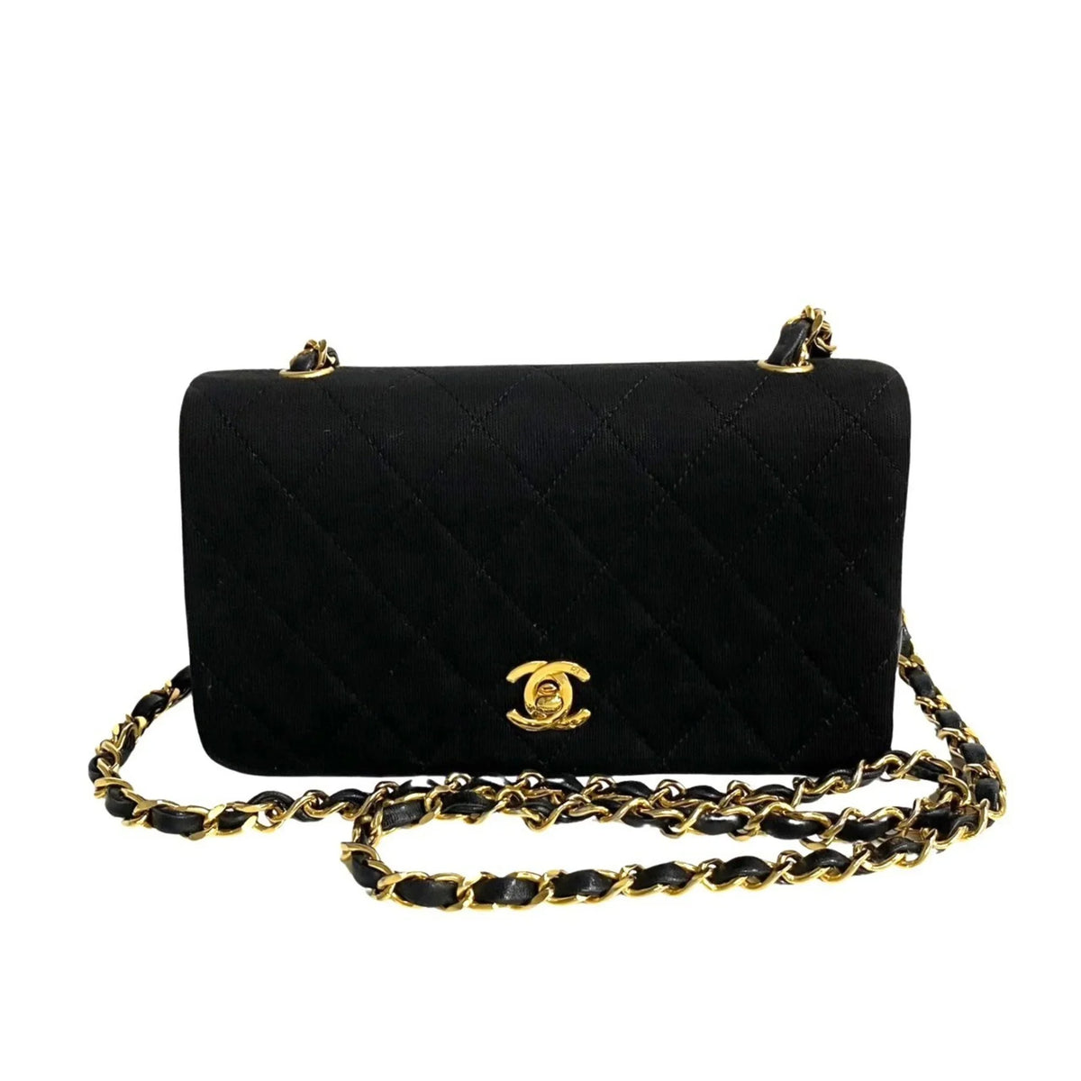 Pre-Owned CHANEL Matelasse Cotton Lambskin Turnlock Full Flap Chain Sizehoulder Bag Black 73960 (Good)