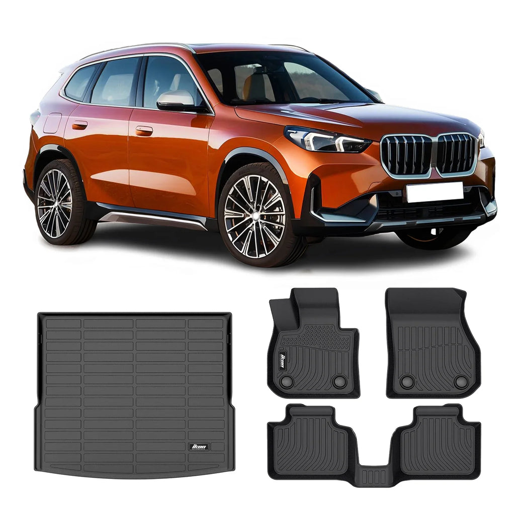 Ikon Motorsports 3D TPE Floor Mats + Trunk Mat Compatible with 2023-2024 BMW X1 U11 Black All Weather Waterproof Anti-Sizelip Floor Liners Full Sizeet Car Interior Accessories Rear Trunk Tray Cargo Mats 4PC