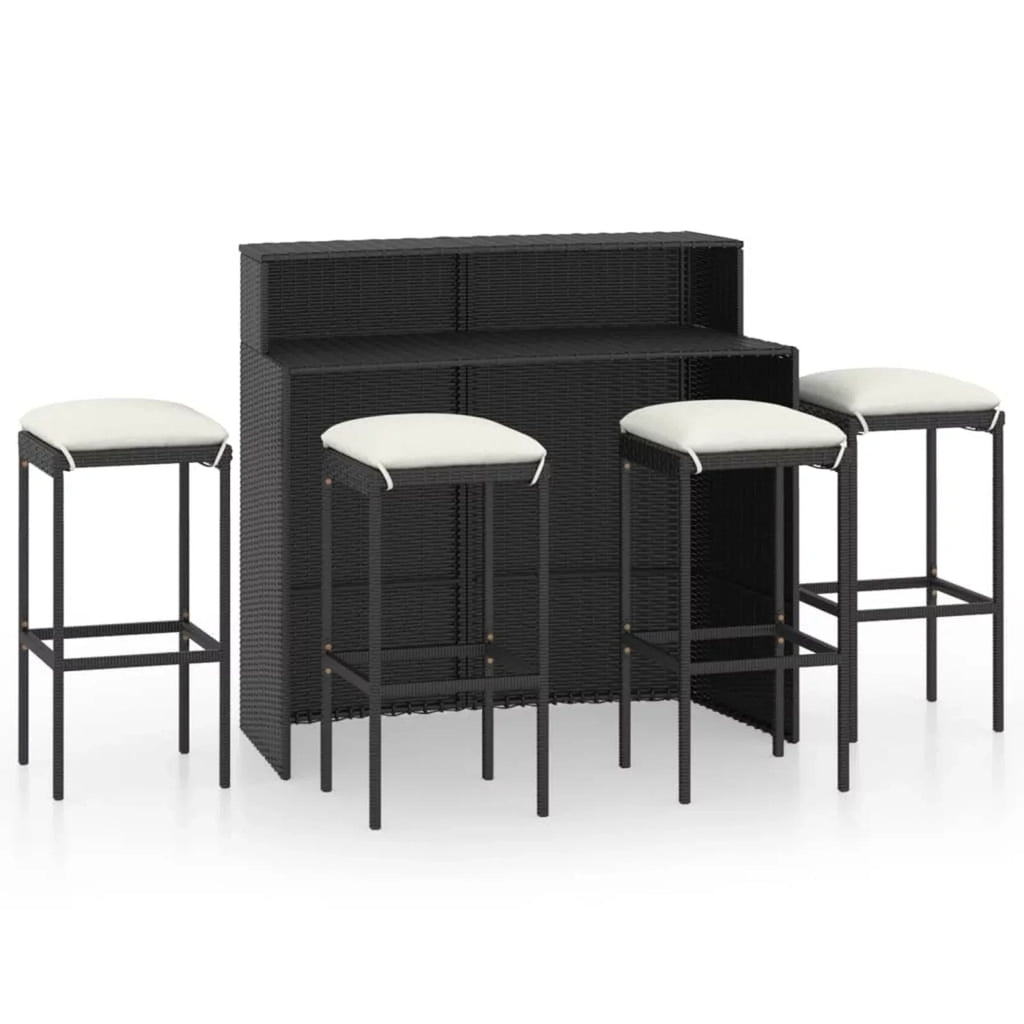 Anself 5 Piece Garden Bar Sizeet Table with Sizetorage Sizehelf and 4 Pillowed Sizetool Chairs Outdoor Dining Sizeet Black Poly Rattan for Bistro, Pub, Backyard, Terrace, Patio