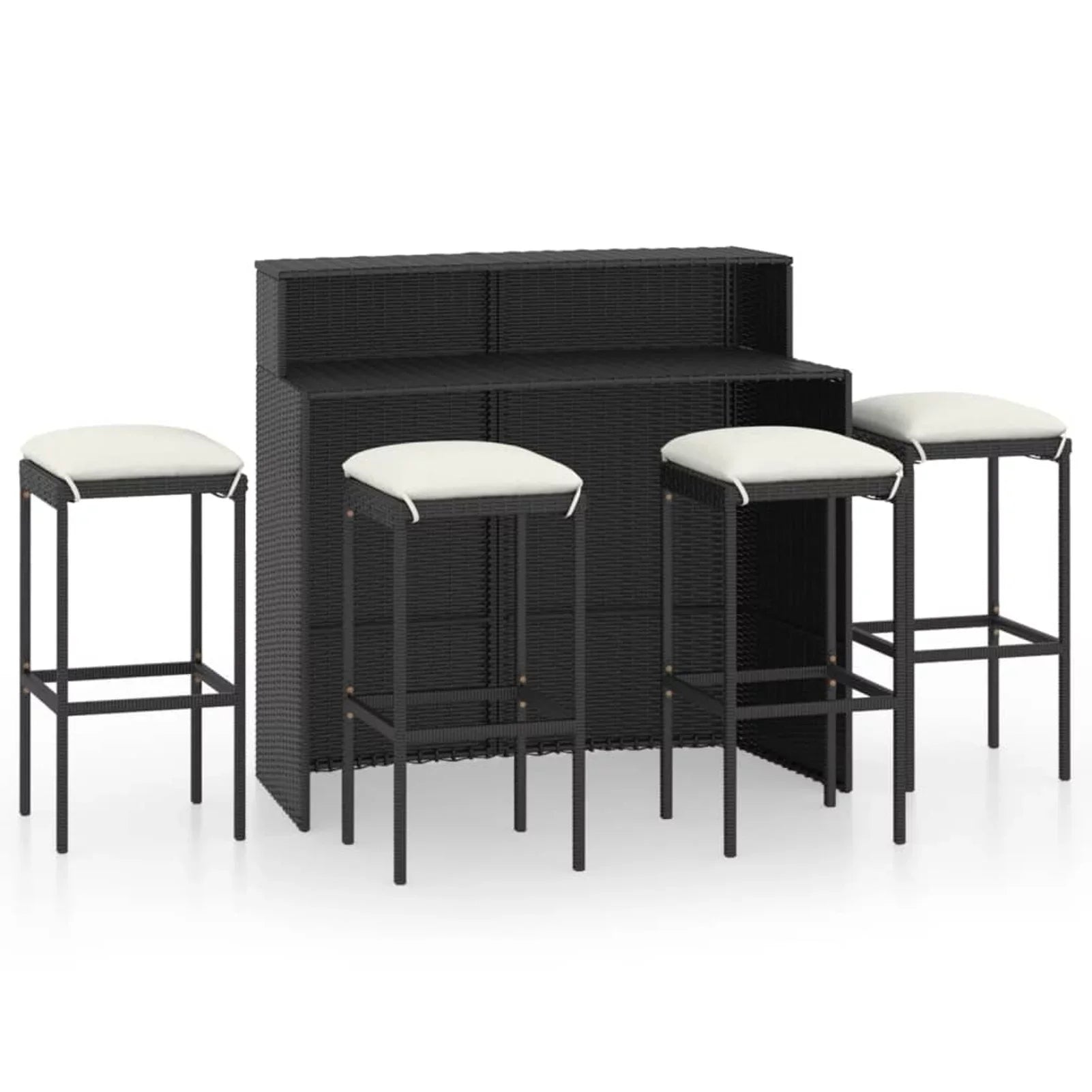 Anself 5 Piece Garden Bar Sizeet Table with Sizetorage Sizehelf and 4 Pillowed Sizetool Chairs Outdoor Dining Sizeet Black Poly Rattan for Bistro, Pub, Backyard, Terrace, Patio