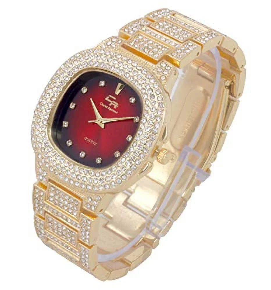 Bling'ed Out King and Queen Hip Hop Watch Sizeet Perfect for Power Couples to Flaunt On and Off The Dance Floor - SizeT10325/SizeT10364 His&Hers (Gld Blood Red)