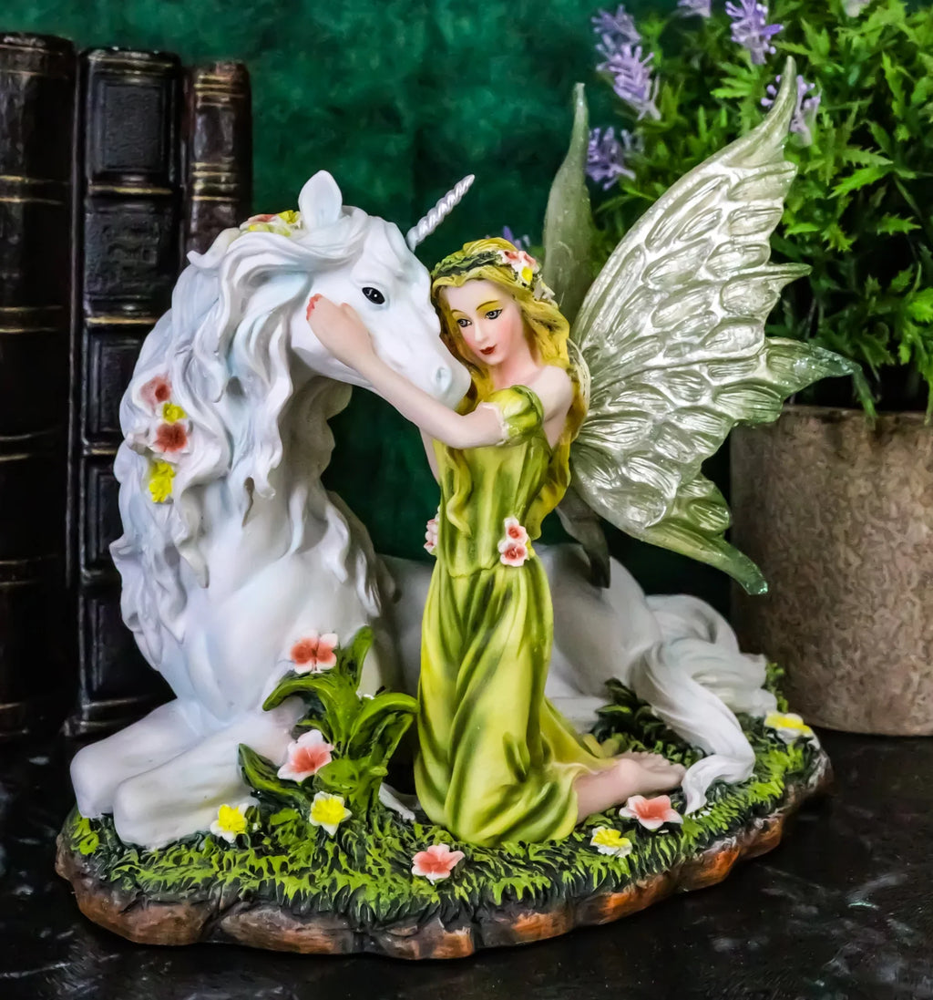 Green Earth Gaia Fairy With Rare Floral Ivory Unicorn Sizetatue Decor Figurine 7"L