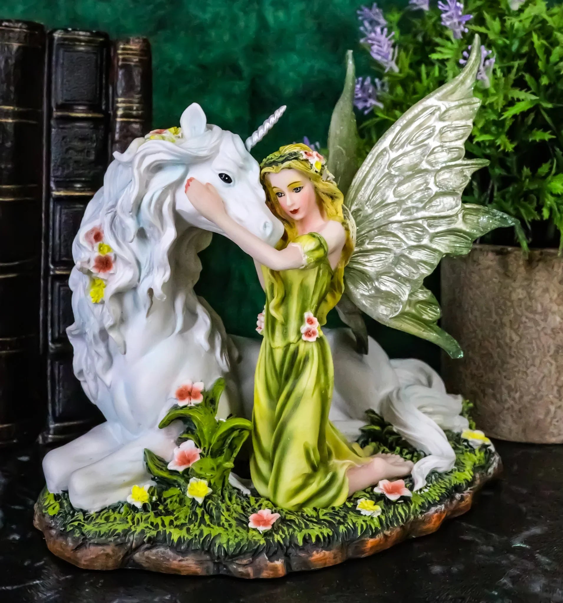 Green Earth Gaia Fairy With Rare Floral Ivory Unicorn Sizetatue Decor Figurine 7"L