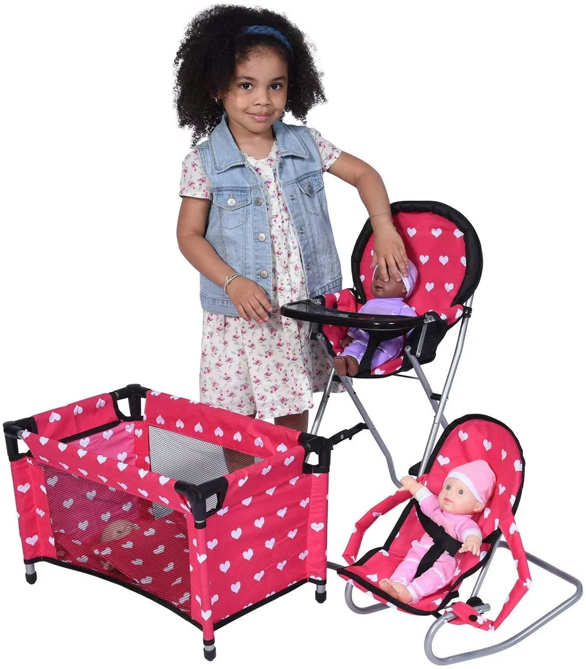 The New York Doll Collection High Chair, Bouncer and Pack N Play Doll Accessories, 3 Pieces