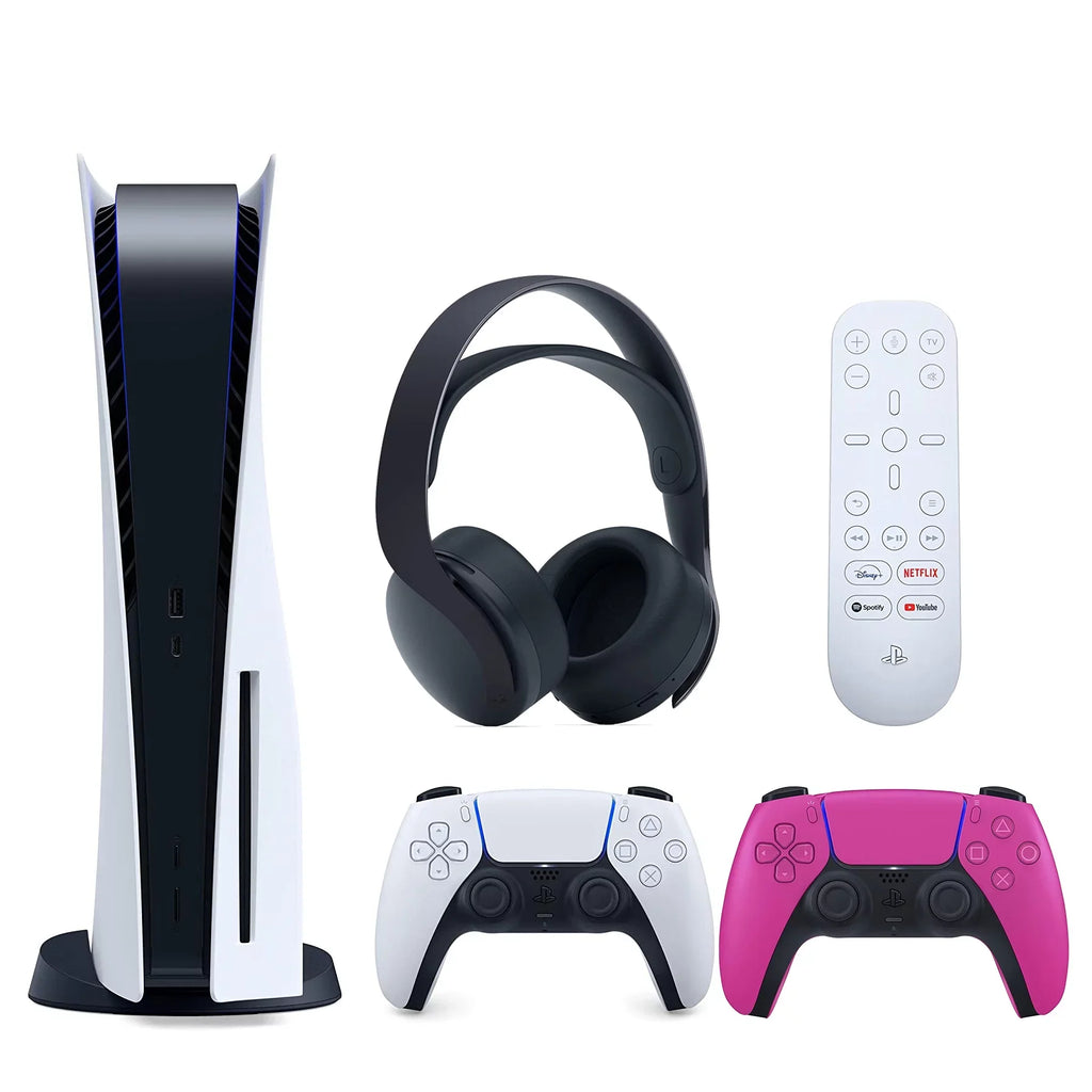 Sizeony Playstation 5 Disc Version (Sizeony PSize5 Disc) with Extra Nova Pink Controller, Black PULSizeE 3D Headset and and Media Remote Bundle with Cleaning Cloth