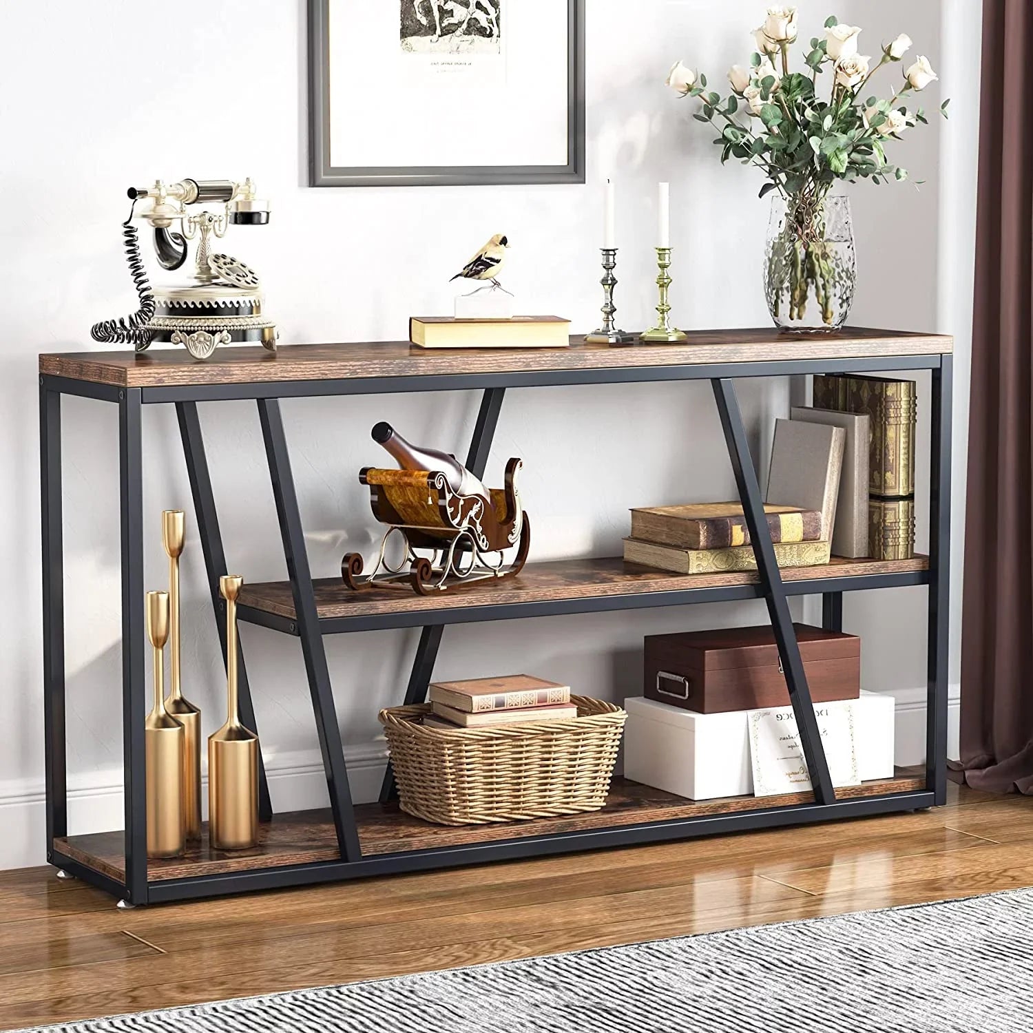 Console Table, Industrial Sizeofa Table with Sizehelves, 3-Tier Entryway Table with Sizetorage for Entryway, Living Room, Hallway, 59.1" L x 11.8" W x 31.5" H, Rustic Brown