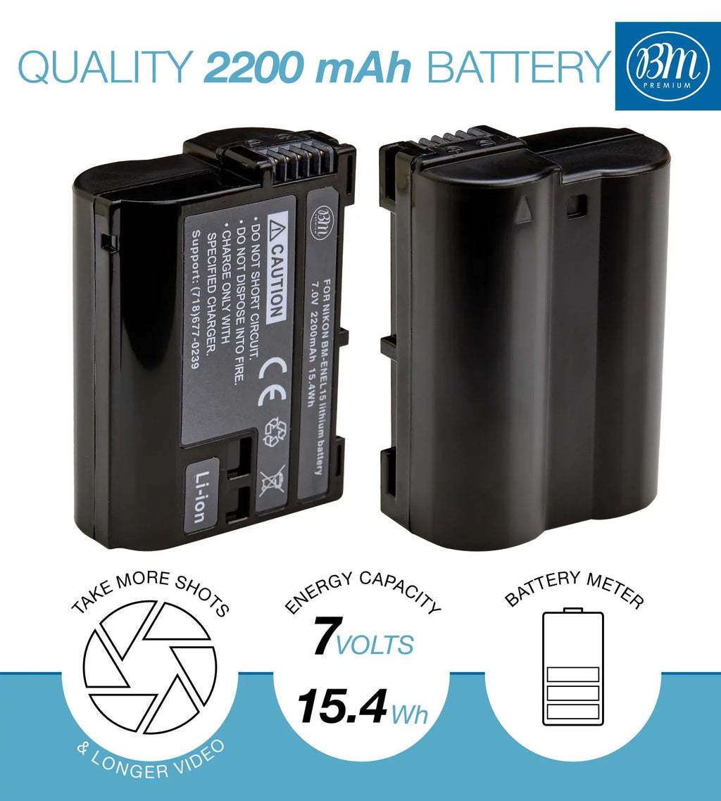 BM 2 EN-EL15B Batteries and Dual Bay Battery Charger for Nikon Z6 Z7 D780 1 V1 D500 D600 D610 D750 D800 D810 D850 D7000 D7100 D7200 D7500 Cameras
