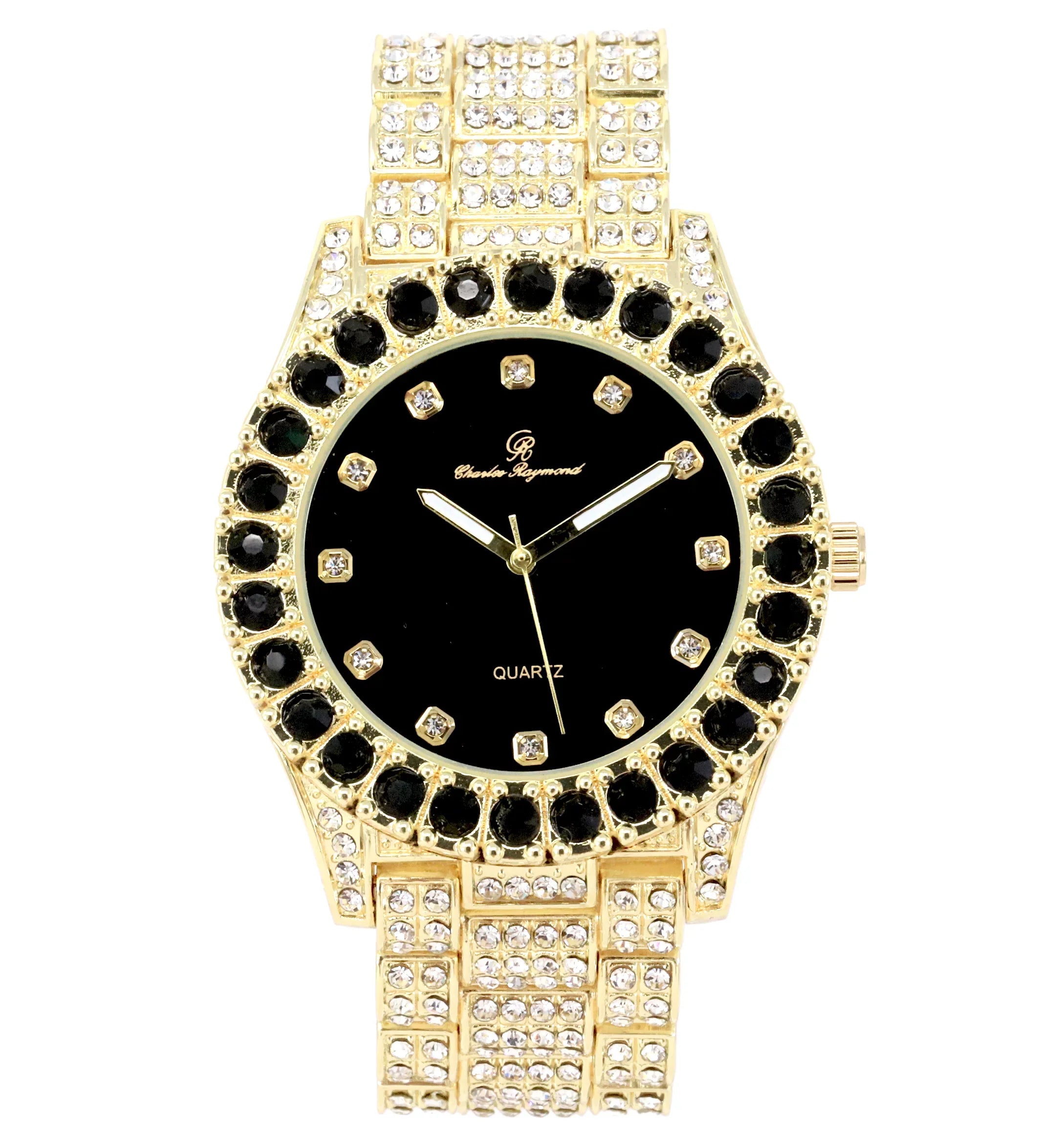 Charles Raymond Ice on Blast! Bling'ed Out Hip Hop Rolly Looks with Ice on Watch Trim and Band with Matching Zig Zag Bling'ed Out Necklace Sizeets - ZZ Necklace Sizeets(SizeT10327DX Gold - Black