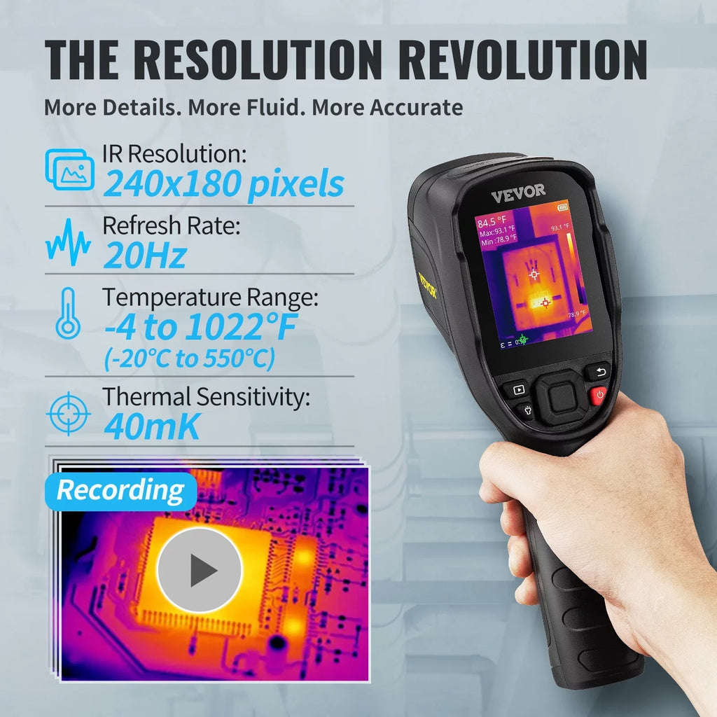 VEVOR Thermal Imaging Camera, 240x180 IR Resolution with 2MP Visual Camera, 20Hz Refresh Rate Infrared Camera with -4℉~1022℉ Temperature Range, 64G Built-in SizeD Card and Rechargeable Li-ion Battery