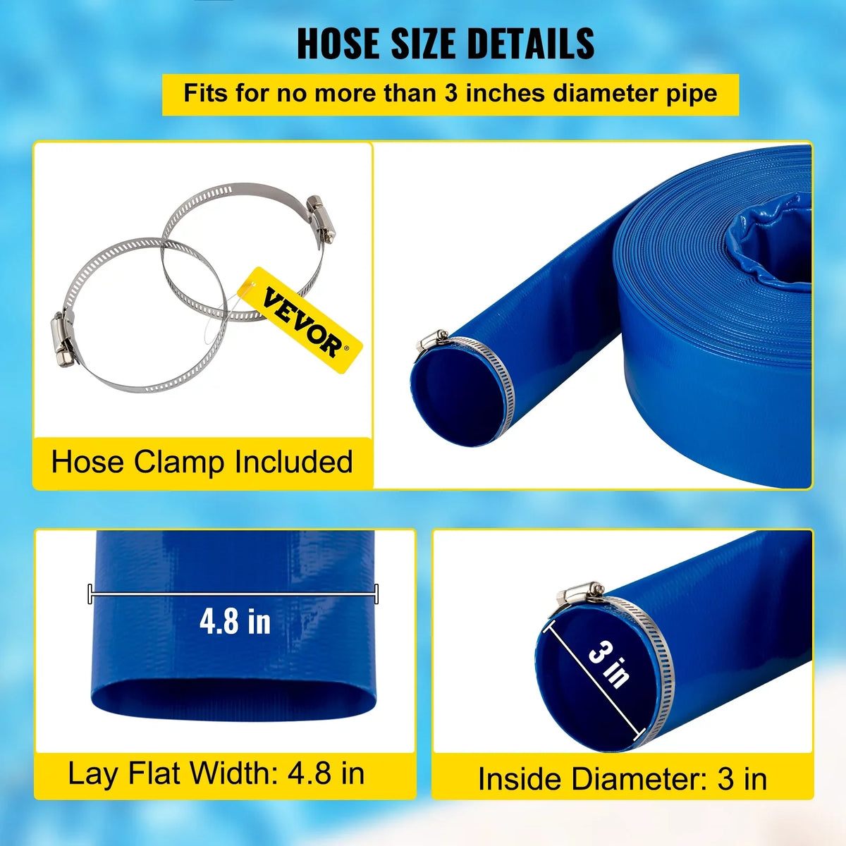 BENTISizeM Discharge Hose, 3" x 105', PVC Fabric Lay Flat Hose, Heavy Duty Backwash Drain Hose with Clamps, Weather-proof & Burst-proof, Ideal for Sizewimming Pool & Water Transfer