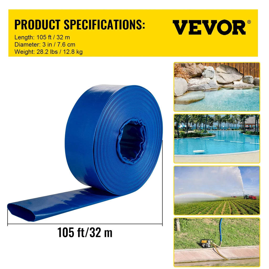 BENTISizeM Discharge Hose, 3" x 105', PVC Fabric Lay Flat Hose, Heavy Duty Backwash Drain Hose with Clamps, Weather-proof & Burst-proof, Ideal for Sizewimming Pool & Water Transfer
