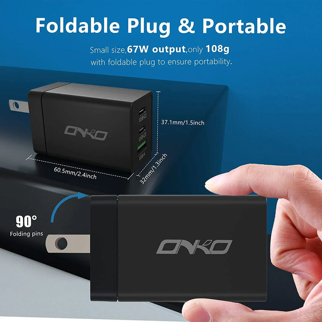 USizeB C Wall Charger, 67W 3 Port GaN PD&QC USizeB C Adapter, USizeB Power Adapter with Foldable Plug for