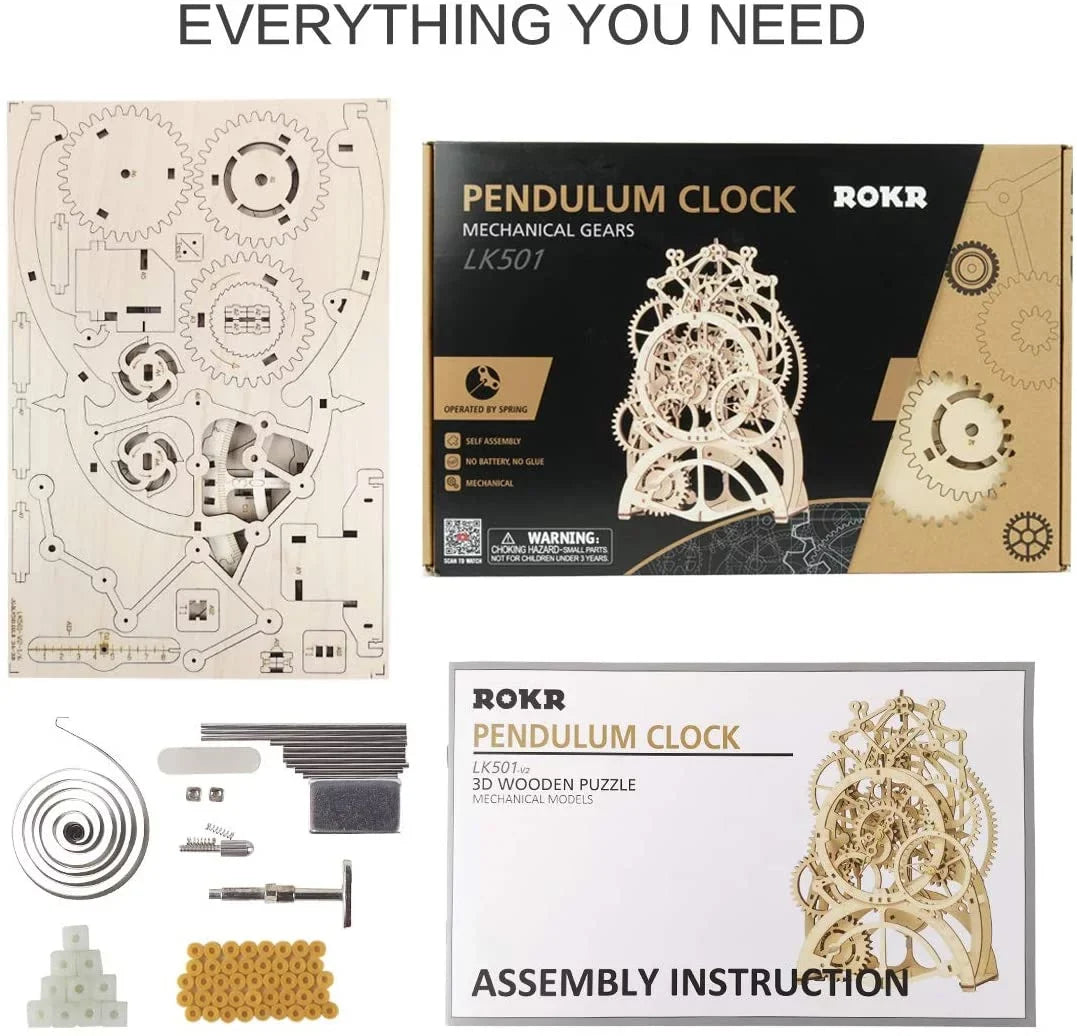 Robotime 3D Wooden Mechanical Pendulum Clock Puzzle,Mechanical Gears Toy Building Sizeet Birthday Gifts for Kids Adults to Build