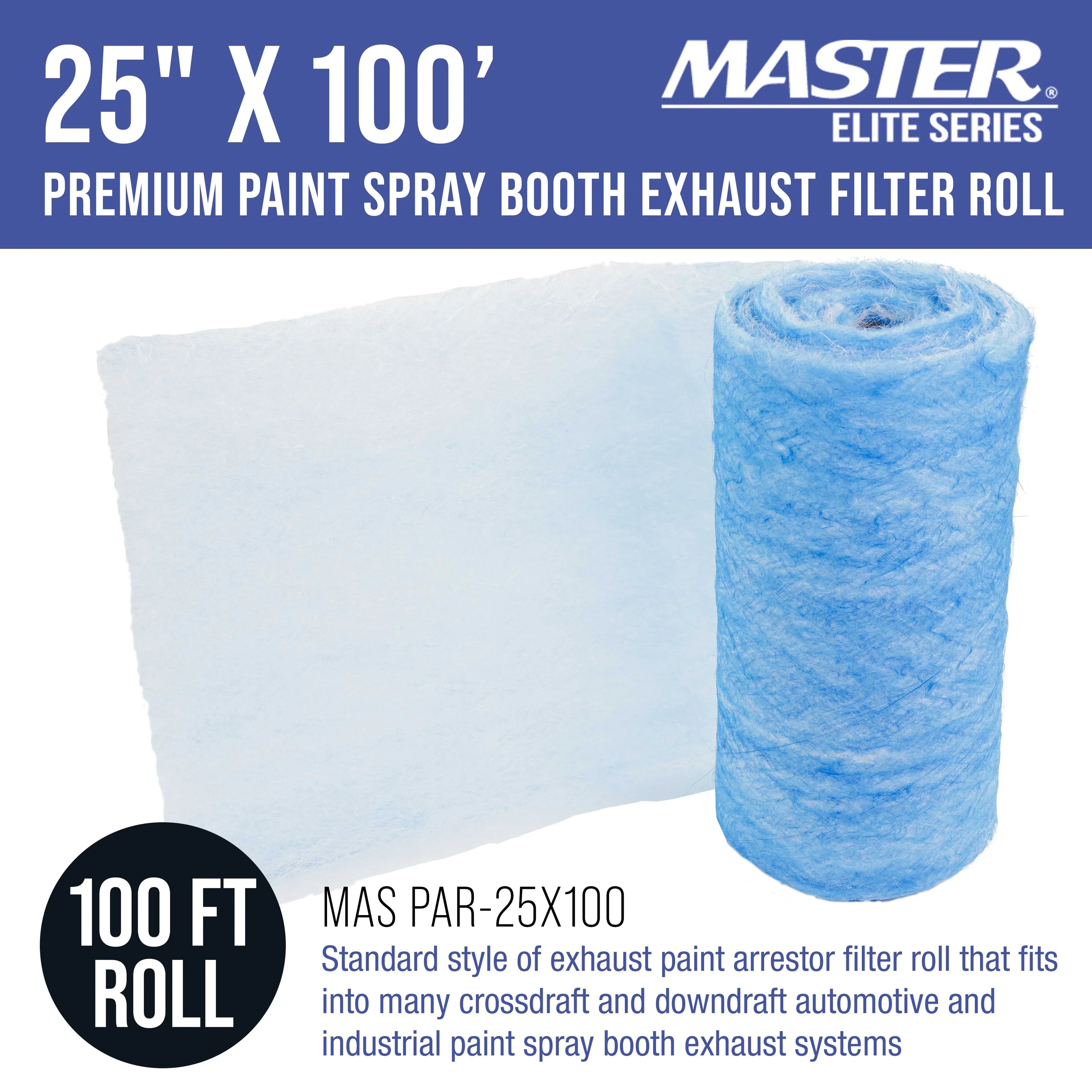 Master Elite Premium Paint Sizepray Booth Exhaust Filter Roll, 25" x 100' - 18 Gram Heavy-Duty Fiberglass Paint Arrestor - Captures Traps Overspray Paint Particles in Auto Autobody Refinish Booths