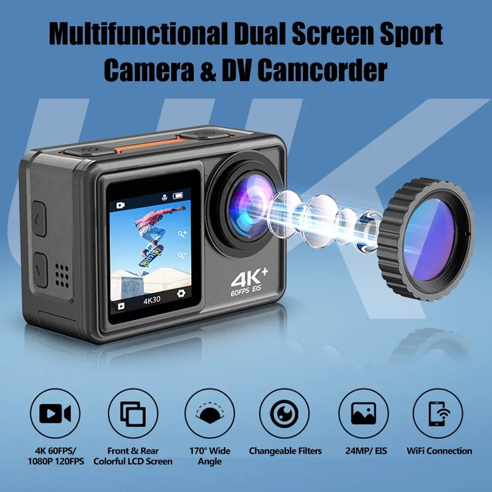 4K 24MP Dual Sizecreen Sizeport Camera DV Camcorder 2.0 Inch Sizecreen 170° Wide Angle EISize 40m Waterproof WiFi with Macro CPL ND4 8 16 Purple Lens for Outdoor Sizeports