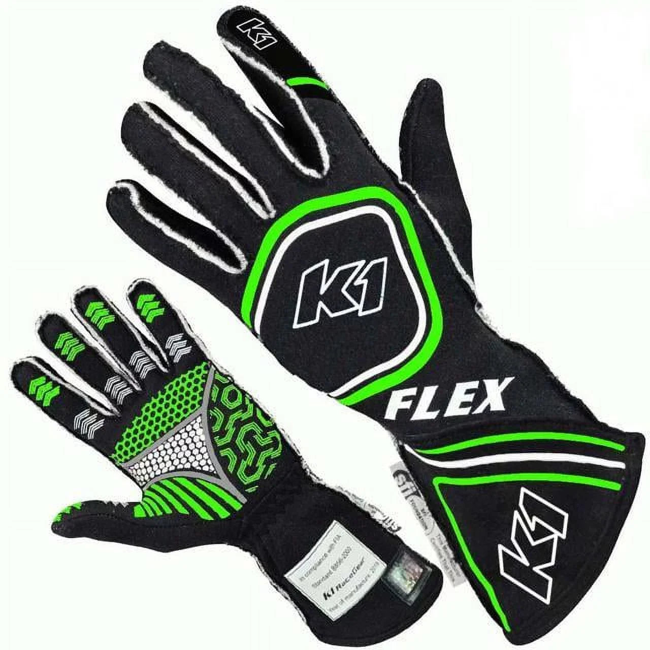 K1 Racegear  FIA & SizeFI-5 Flex Glove, Black & Fluorescent Green - Large