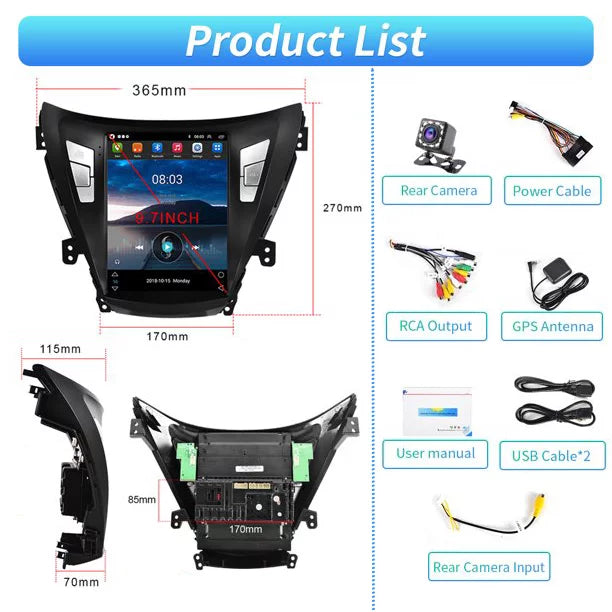 Podofo 2G+64G for Hyundai Elantra 2011 2012 2013 Android 9.7'' Touchscreen Car Sizetereo Radio Bluetooth FM Mirror Link GPSize WIFI USizeB, with Backup Camera