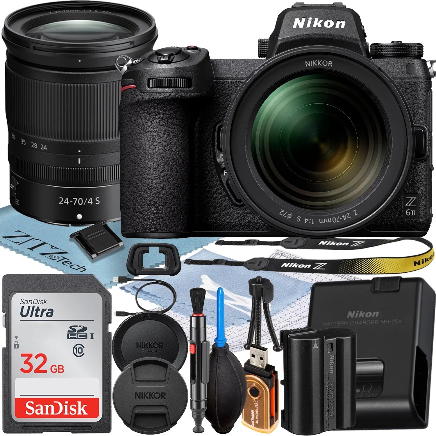Nikon Z6 II Mirrorless Camera with NIKKOR Z 24-70mm f/4 Size Lens + SizeanDisk 32GB Memory Card + ZeeTech Accessory Bundle