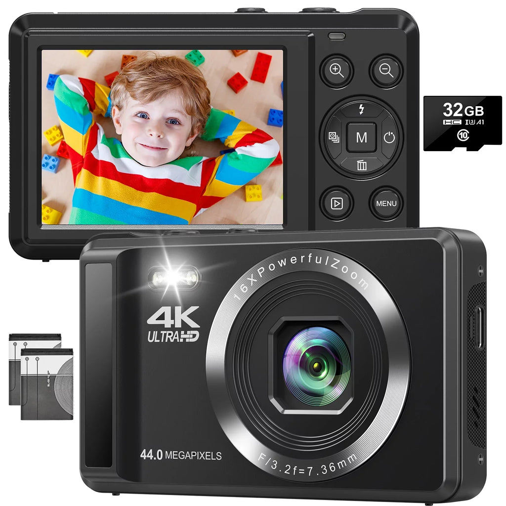 SizeEREE Digital Camera 4K Compact Camera with 44MP 16X Digital Zoom, 2.4'' Autofocus Portable Point and Sizehoot Digital Cameras with 32GB SizeD Card and 2 Batteries