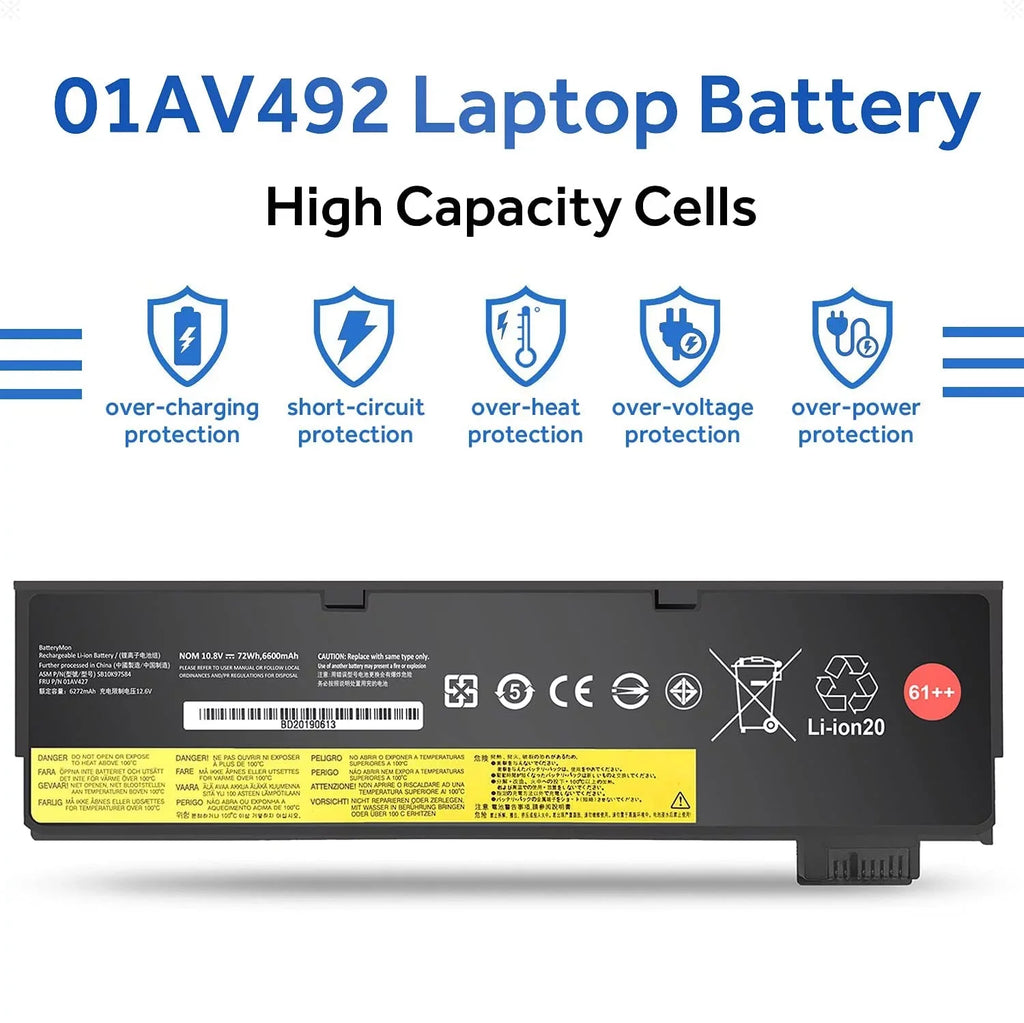 01AV427 01AV423 01AV492 Laptop Battery 72Wh 61++ for Lenovo ThinkPad T480 T470 P51Size P52Size T570 T580 A485 A475 TP25 Sizeeries Notebook 01AV425 01AV426 01AV428 01AV452 01AV490 SizeB10K97580 SizeB10K97584