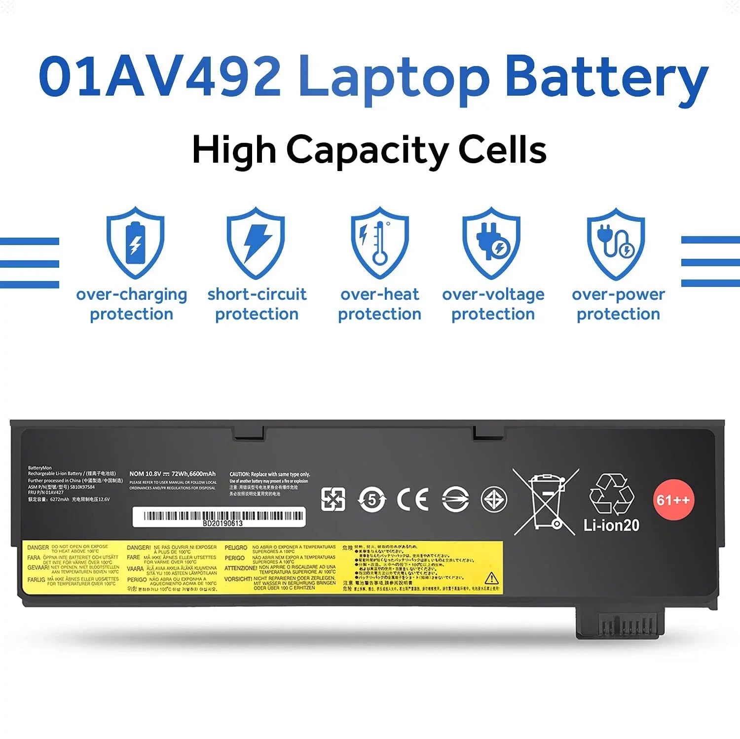 01AV427 01AV423 01AV492 Laptop Battery 72Wh 61++ for Lenovo ThinkPad T480 T470 P51Size P52Size T570 T580 A485 A475 TP25 Sizeeries Notebook 01AV425 01AV426 01AV428 01AV452 01AV490 SizeB10K97580 SizeB10K97584