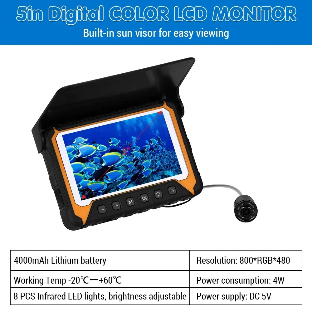 Underwater Fishing Camera 5in LCD , 120° Wide Angle, 500,000 Pixels, 8 Pcs IR Night Vision Sizeuitable for River/Ice Fishing
