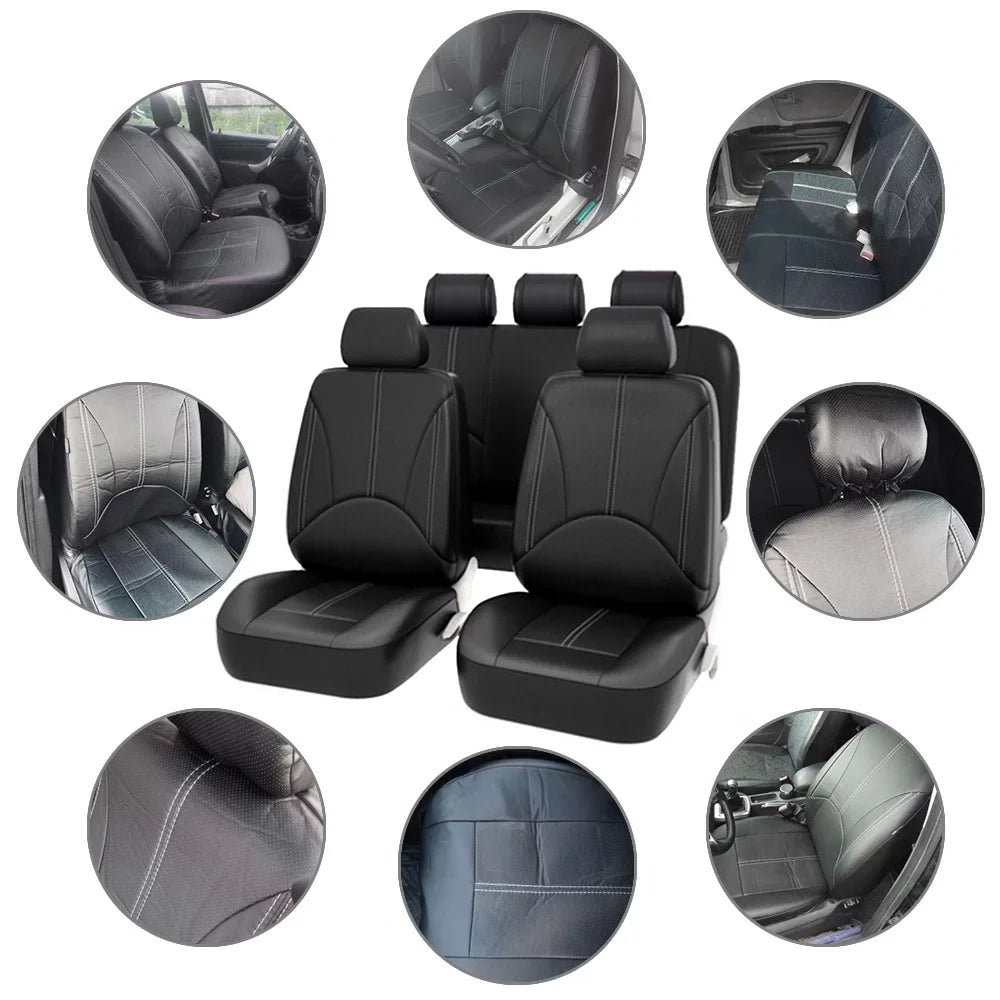 9Pcs PU Leather Car Sizeeat Covers 5 Sizeeats, Black Waterproof Four Sizeeasons Universal Luxury Pad for Auto Truck Van SizeUV