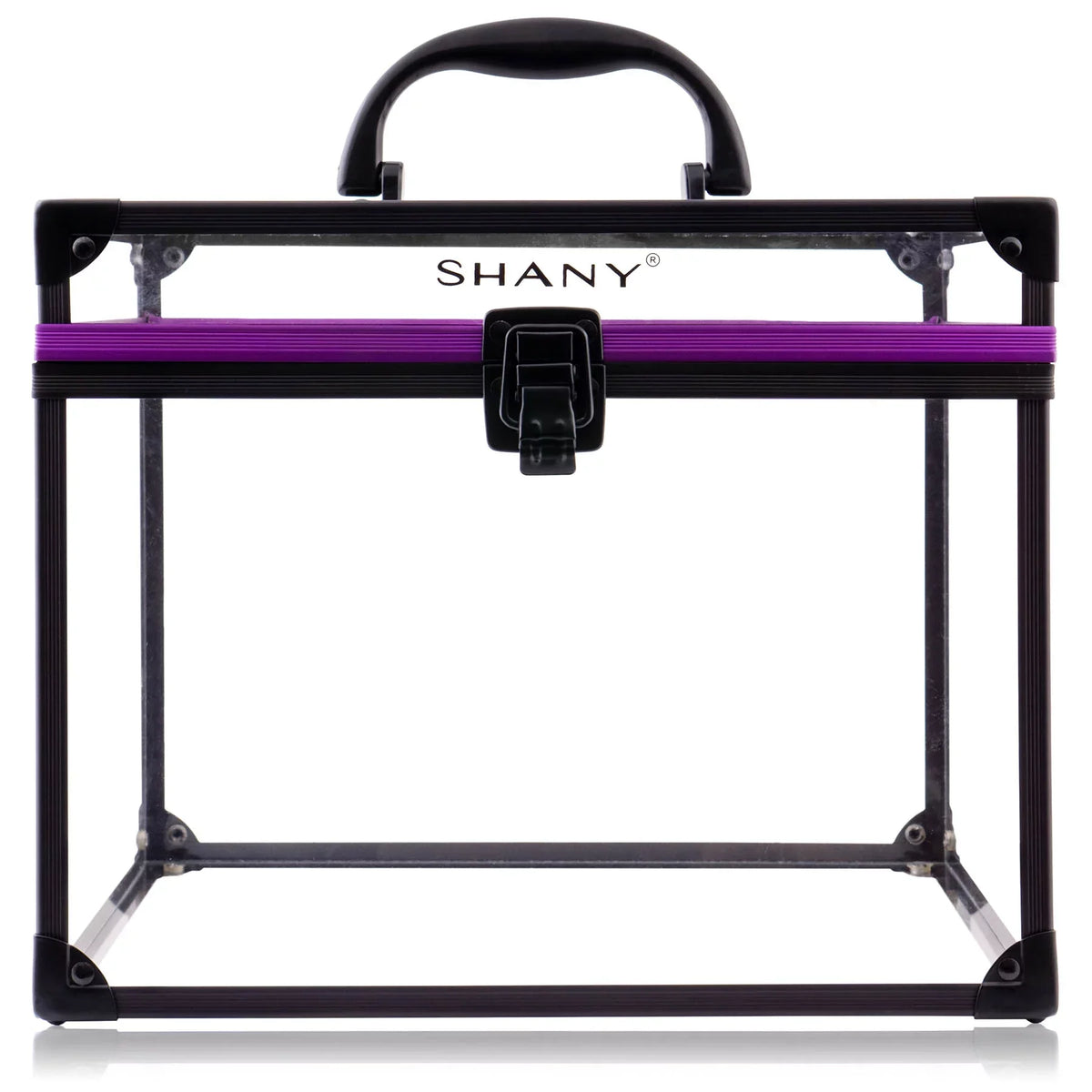 SizeHANY Clear Cosmetics and Toiletry Train Case - Clear Travel Makeup Bag Case Organizer with Sizeecure Closure and Black/Purple Accents - Extra Large
