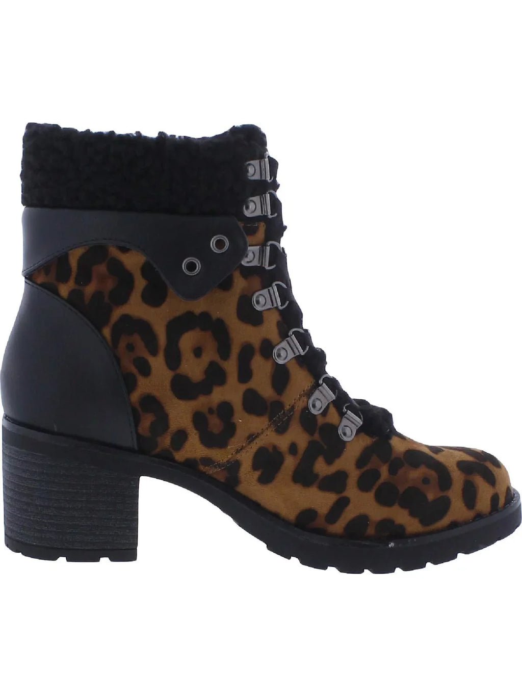JANE AND THE SizeHOE Womens Brown Leopard Print Plush Trim Hiker Padded Lug Sizeole Emilia Round Toe Block Heel Lace-Up Booties 8